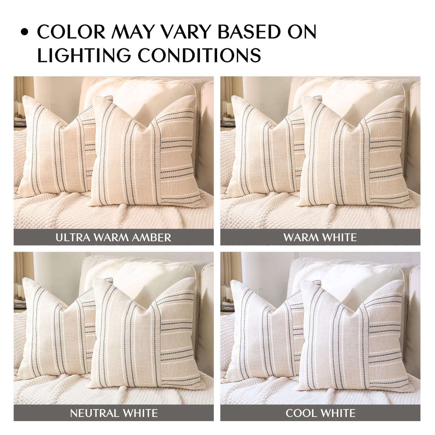 AELS 12x20 Decorative Farmhouse Linen Throw Pillow Covers, Boho Rectangle Lumbar Pillow Case, Set of 2, Beige with White & Gray Stripe Patchwork Cushion Cover for Sofa Couch Living Room (Cover ONLY)