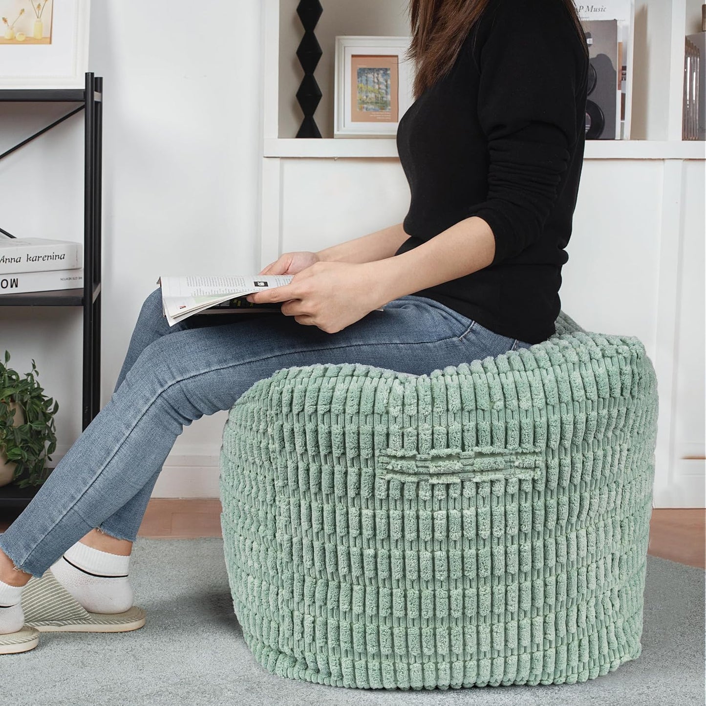 Unstuffed Farmhouse Pouf Cover for Living Room, Boho Storage Bean Bag Cubes, Sage Green Soft Corduroy Plush Sripe Square Ottoman Pouf Foot Rest Footstool, 18"x18"x18", Cover ONLY