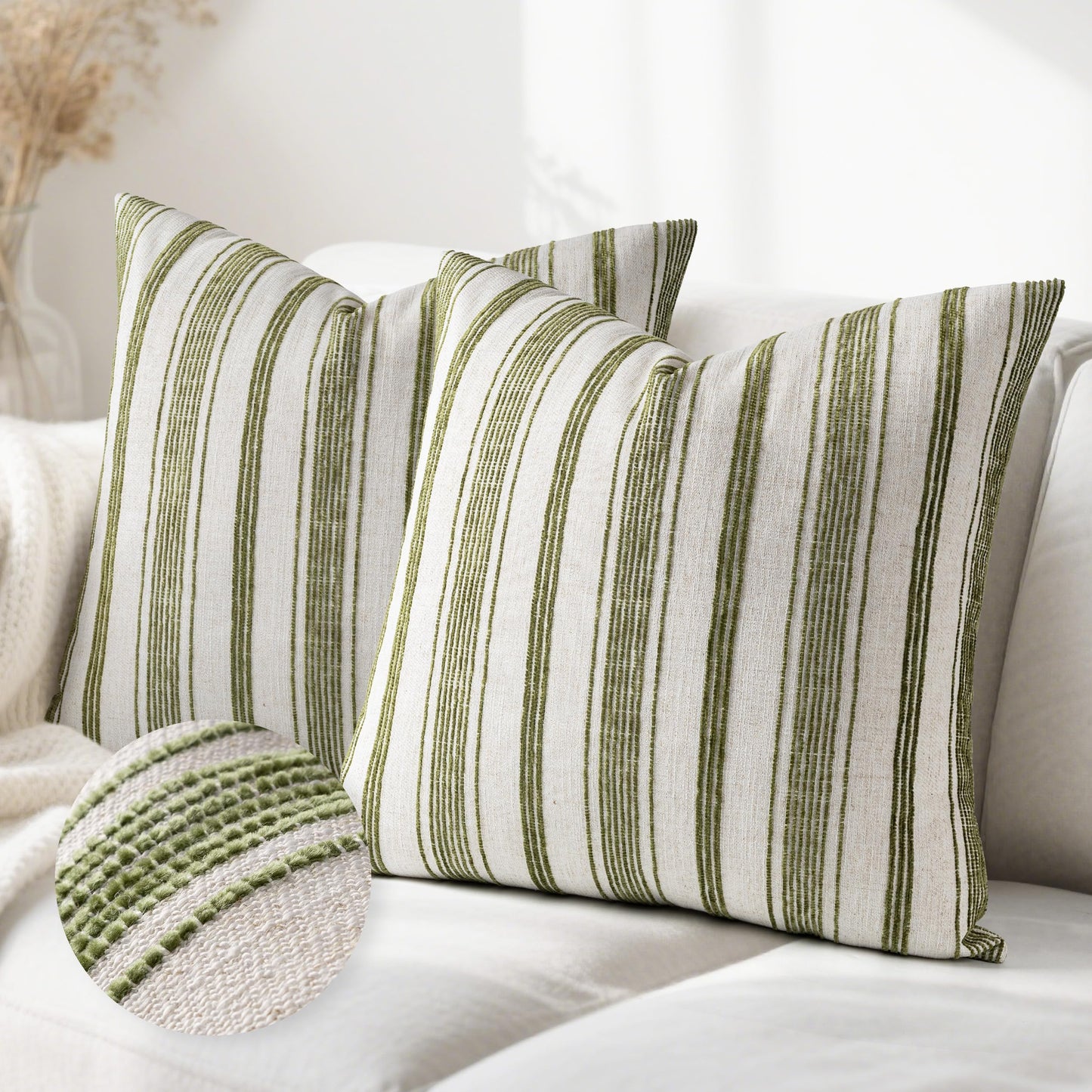 AELS 12x20 Decorative Farmhouse Linen Lumbar Pillow Covers, Beige with Olive Green Chenille Striped Pillow Case, Set of 2, Boho Textured Cushion Cover for Sofa Couch Living Room (Cover ONLY)