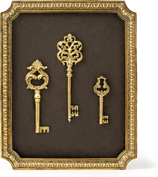 AELS Antique Gold Wall Decor, Vintage Wall Art Framed Skeleton Key Set | 9" x 11" Hand Painted Victorian Hanging Decoration, Gothic Home Ornament, Whimsical Wall Art Sculpture Home Decor Living Room