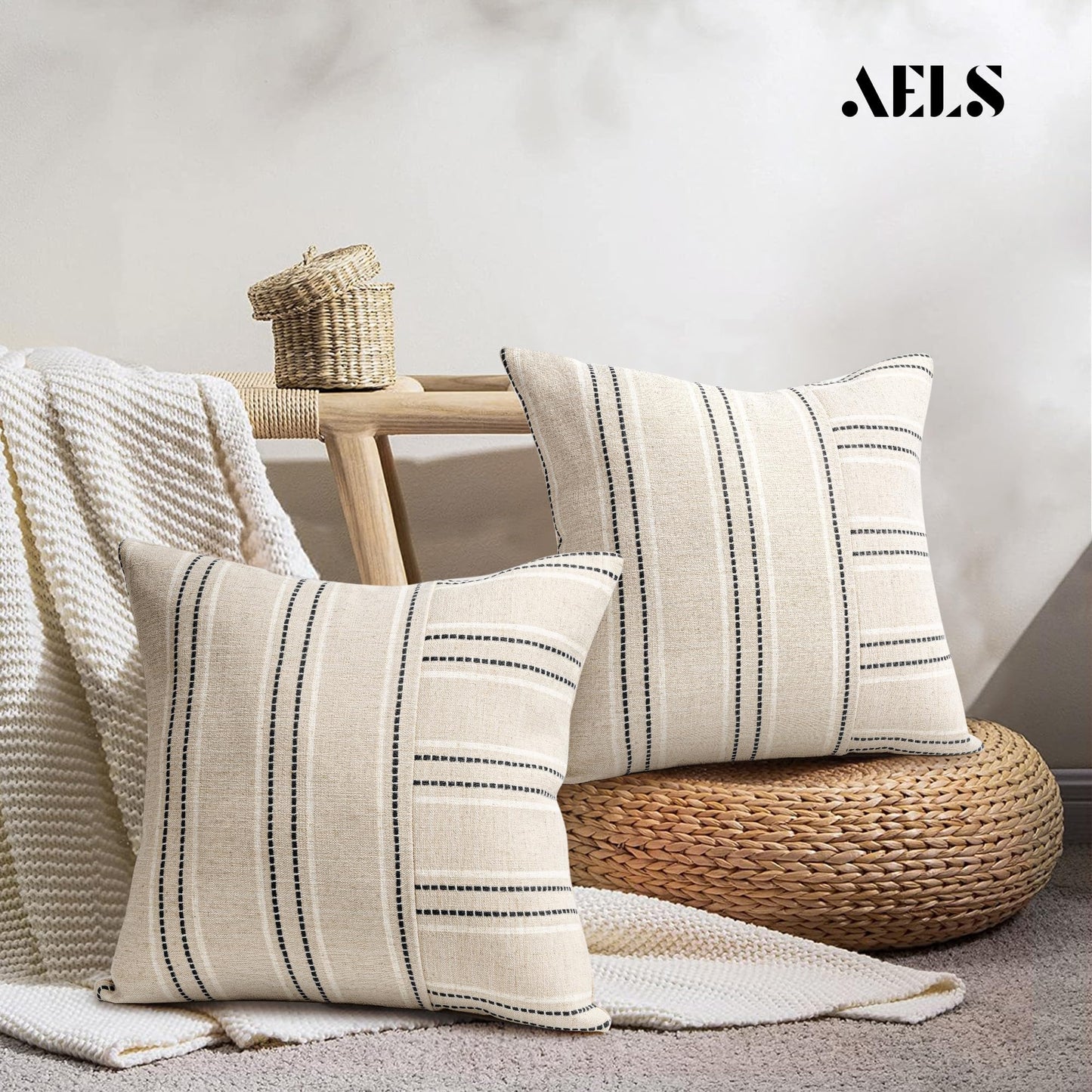 AELS 12x20 Decorative Farmhouse Linen Throw Pillow Covers, Boho Rectangle Lumbar Pillow Case, Set of 2, Beige with White & Gray Stripe Patchwork Cushion Cover for Sofa Couch Living Room (Cover ONLY)