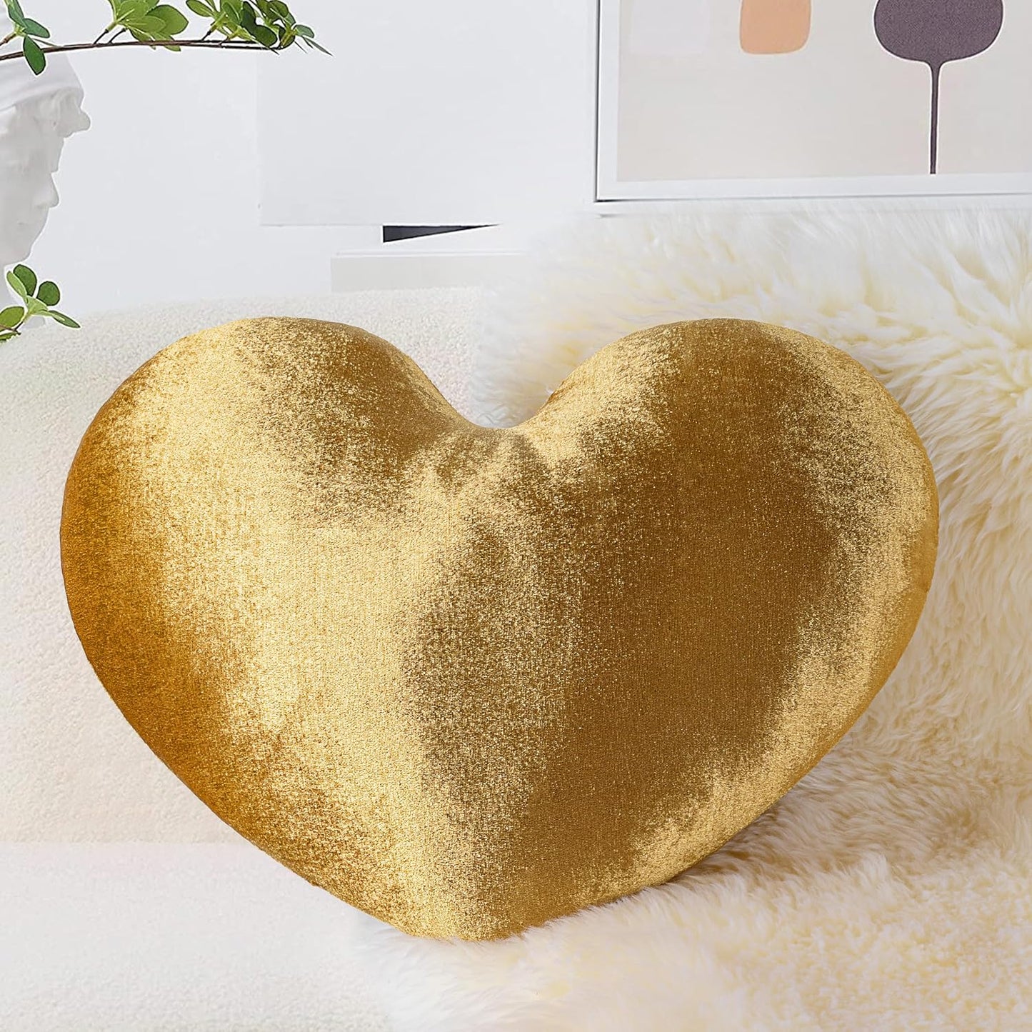 AELS Heart Shaped Pillow, 17.7 Inches Heart Decorative Throw Pillows, Velvet Love Cute Pillows, Valentines Day Decorations, Wedding Decor, Living Room Bedroom Nursery Decor, Golden