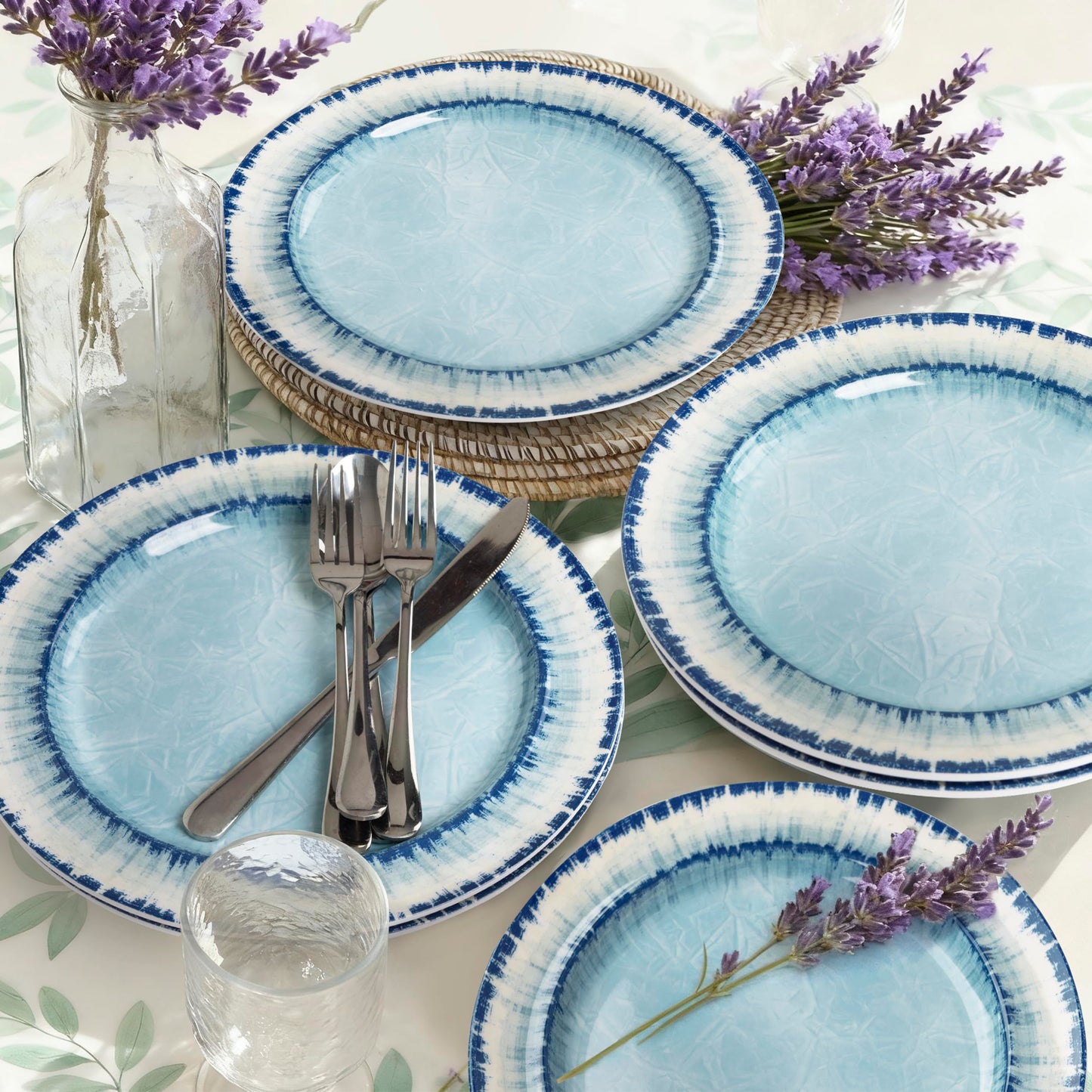 AELS Melamine Dinnerware Set of 12 Pcs Dinner Dishes Set for Indoor and Outdoor Use, Dishwasher Safe, Lightweight Unbreakable, BPA Free, Light Blue