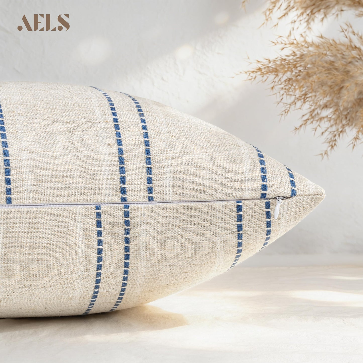 AELS 12x20 Decorative Farmhouse Linen Blend Throw Pillow Covers, Boho Textured Pillow Case, Set of 2, Beige with White & Brown Stitch Yarn Dyed Stripe Cushion Cover for Sofa Living Room (Cover ONLY)