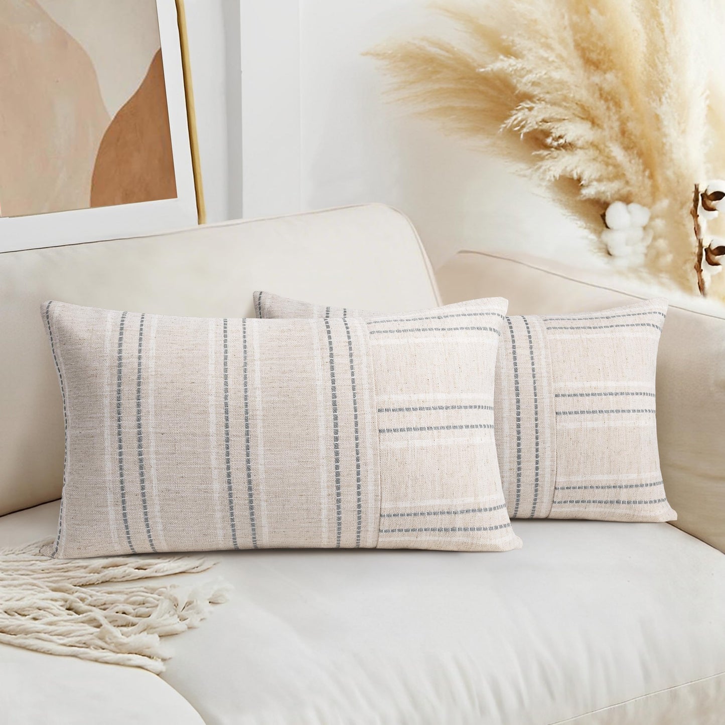 AELS 12x20 Decorative Farmhouse Linen Throw Pillow Covers, Boho Rectangle Lumbar Pillow Case, Set of 2, Beige with White & Gray Stripe Patchwork Cushion Cover for Sofa Couch Living Room (Cover ONLY)