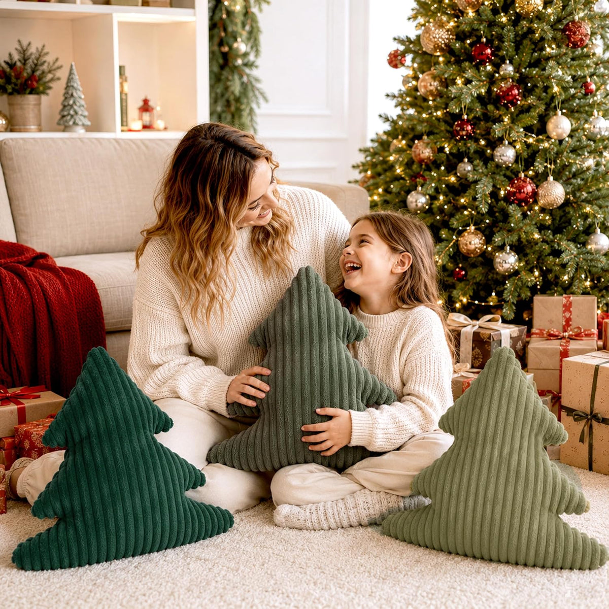 AELS Faux Fur Christmas Tree Decorative Pillow Set of 3, Forest Green Series