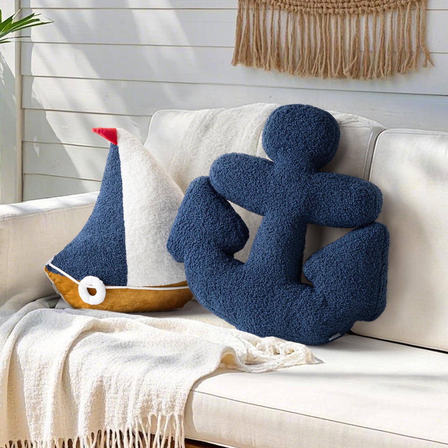 AELS 3D Anchor & Lifebuoy Nautical Decorative Throw Pillows, 19.6"& 15.7" Set of 2, Coastal Decor for Beach Enthusiasts Beach House, Sofa Couch Living Room Bedroom and Nursery, Navy Blue and White