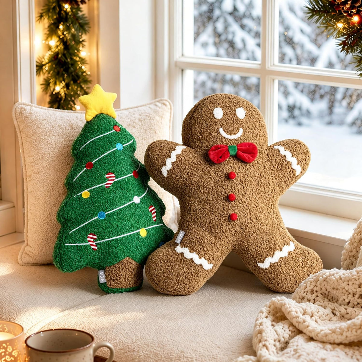 AELS Gingerbread Man Christmas Tree Pillow, 16.1" & 15.7" Set of 2