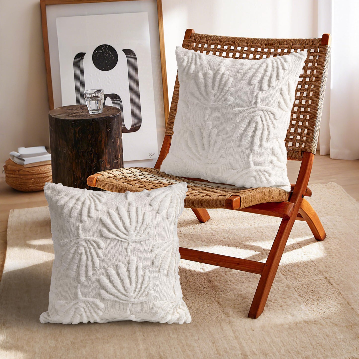 AELS Decorative Throw Pillow Covers 20x20, Set of 2, Modern Farmhouse Fan Palm Leaves Soft Plush Couch Pillow Case for Bed Couch Sofa, Cream White (Covers Only)