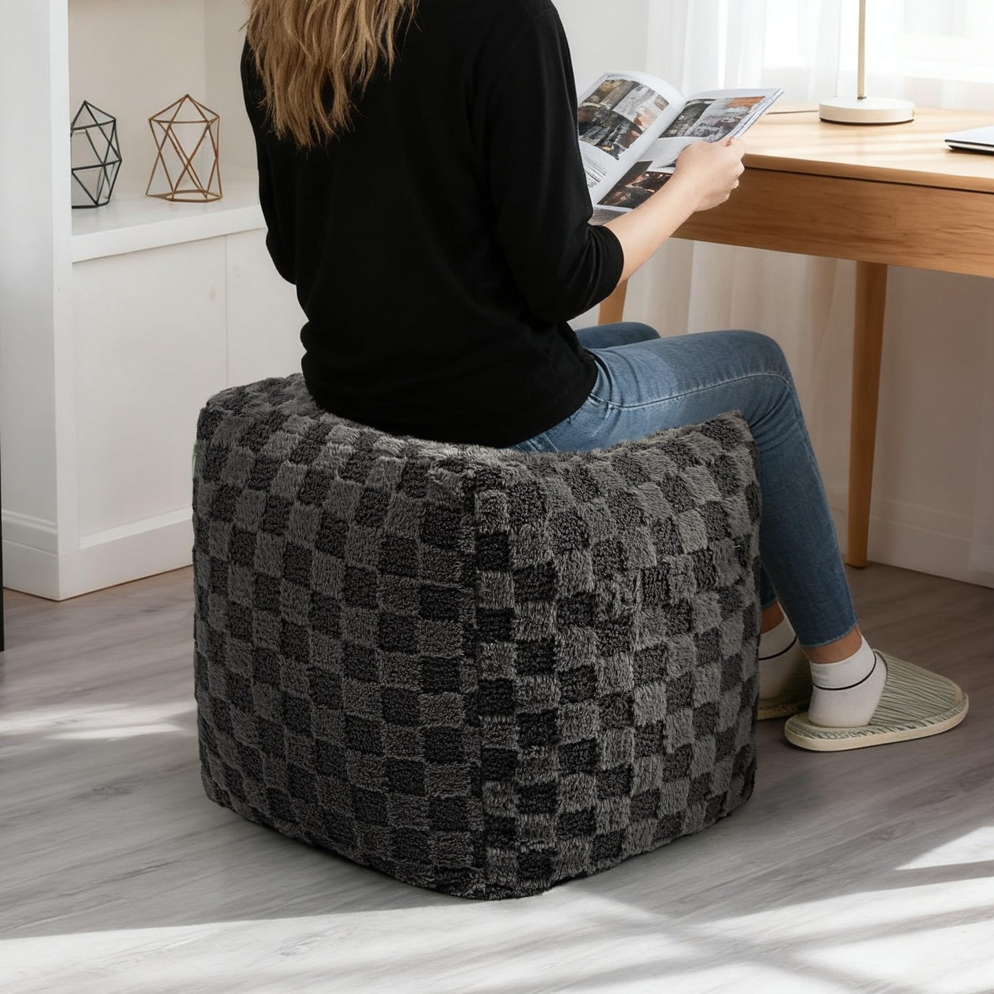 Unstuffed Leopard Cheetah Print Pouf Cover for Living Room, Boho Chic Modern Storage Bean Bag Cube, Soft Faux Fur Ottoman Foot Rest Footstool, 18"x18"x18", Cover ONLY, Natural Leopard
