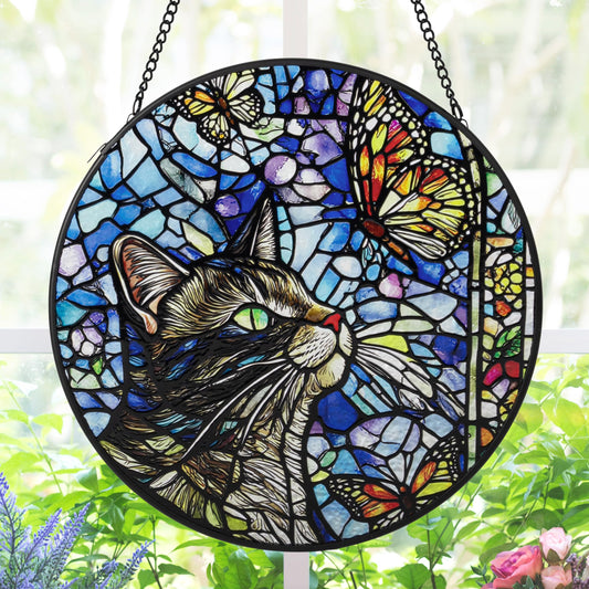 AELS Stained Glass 7.87" Round Suncatcher, Colorful Sun Catcher for Home Garden Window Decor, Window Hanging Ornament Gift for Friends and Family, Pink Feathered Hummingbird