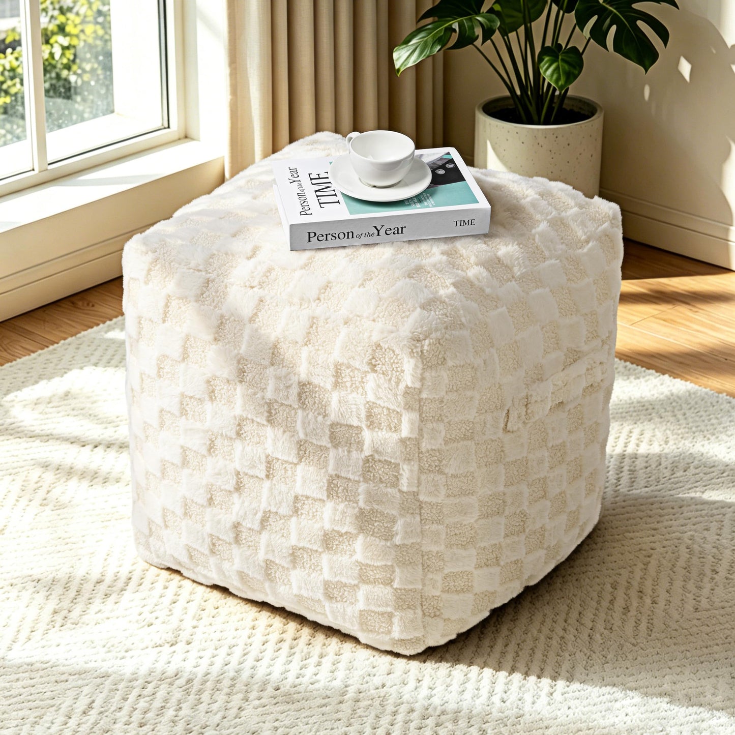 Unstuffed Leopard Cheetah Print Pouf Cover for Living Room, Boho Chic Modern Storage Bean Bag Cube, Soft Faux Fur Ottoman Foot Rest Footstool, 18"x18"x18", Cover ONLY, Natural Leopard