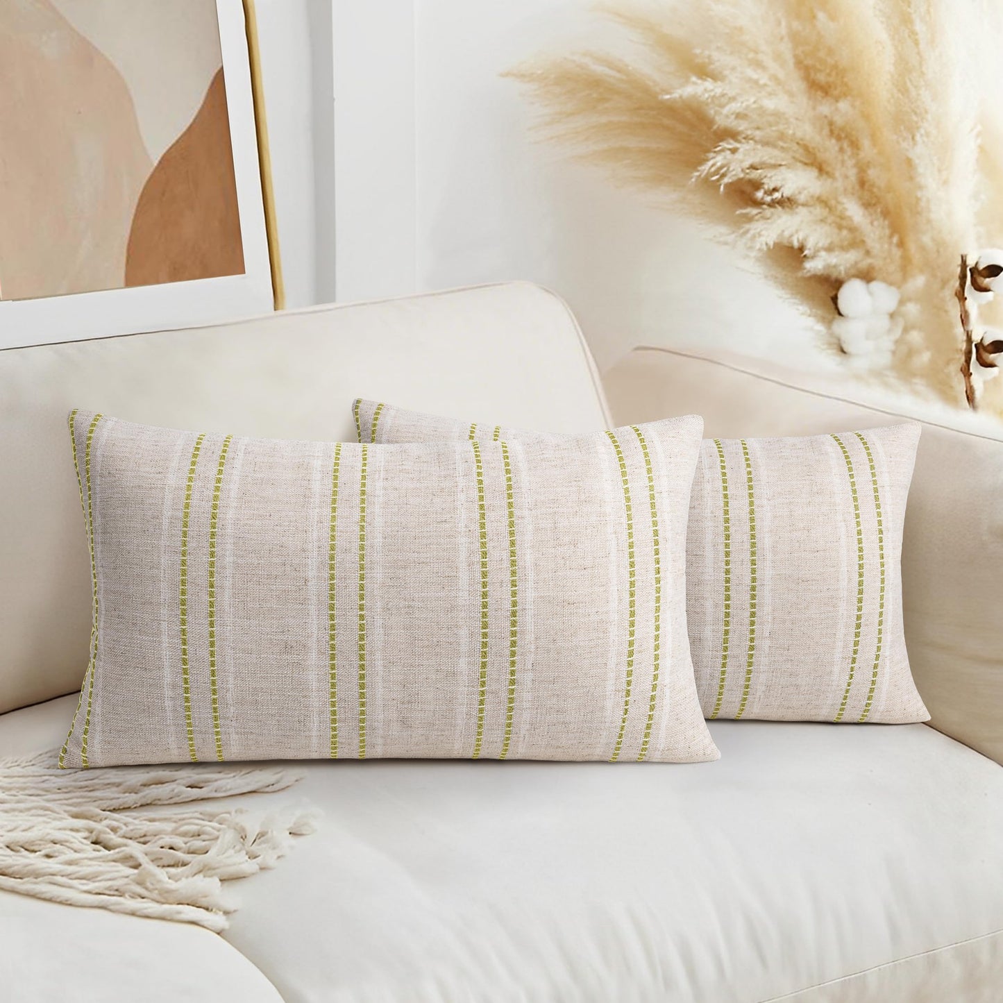 AELS 12x20 Decorative Farmhouse Linen Blend Throw Pillow Covers, Boho Textured Pillow Case, Set of 2, Beige with White & Brown Stitch Yarn Dyed Stripe Cushion Cover for Sofa Living Room (Cover ONLY)