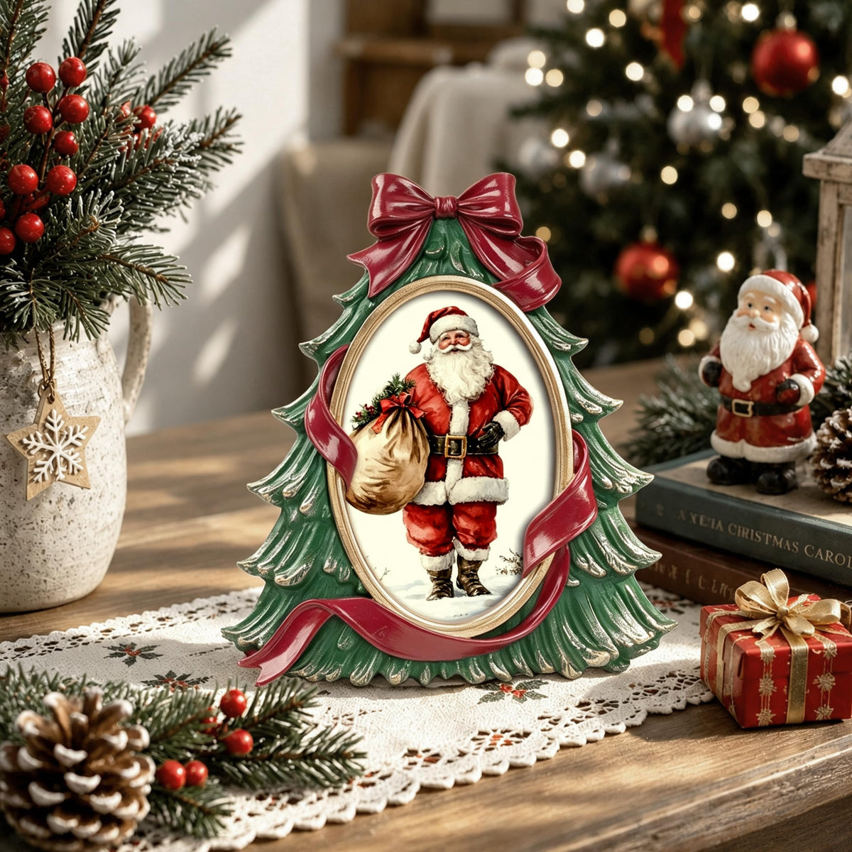 AELS 4x6 Inch Vintage Christmas Tree Picture Frames White Gold Bow