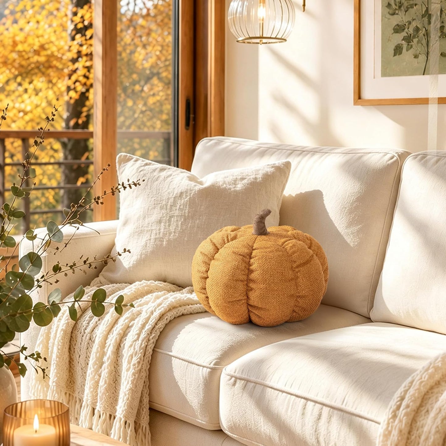AELS Pumpkin Throw Pillow, 14" Burnt Orange Textured Fall Decorative Pillow | for Couch Sofa Bed Living Room Home Decor, Farmhouse 3D Fall Halloween Thanksgiving Decorative Accent Pillows