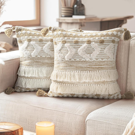 AELS Boho Decorative Throw Pillow Covers with Fringes and Tassels 18x18, Set of 2, Mid Century Tufted Accent Pillow Case, Woven Textured Modern Farmhouse Neutral Cushion Case for Bed Couch Sofa, Beige