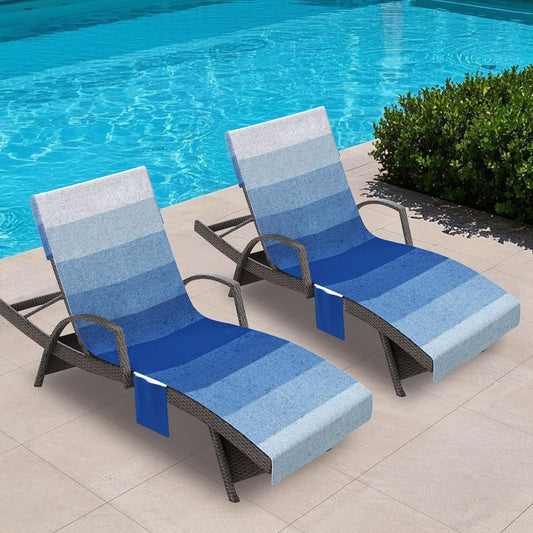 Lounge Chair Towel Cover, Pack of 2 - Microfiber Beach Towels with Pockets, Fits Outdoor Garden Beach Hotel Pool Chairs, Non-Slip & Portable Design, 85" X 30", Ombre Blue Stripes