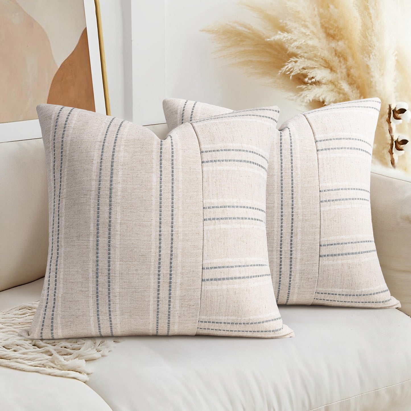AELS 12x20 Decorative Farmhouse Linen Throw Pillow Covers, Boho Rectangle Lumbar Pillow Case, Set of 2, Beige with White & Gray Stripe Patchwork Cushion Cover for Sofa Couch Living Room (Cover ONLY)