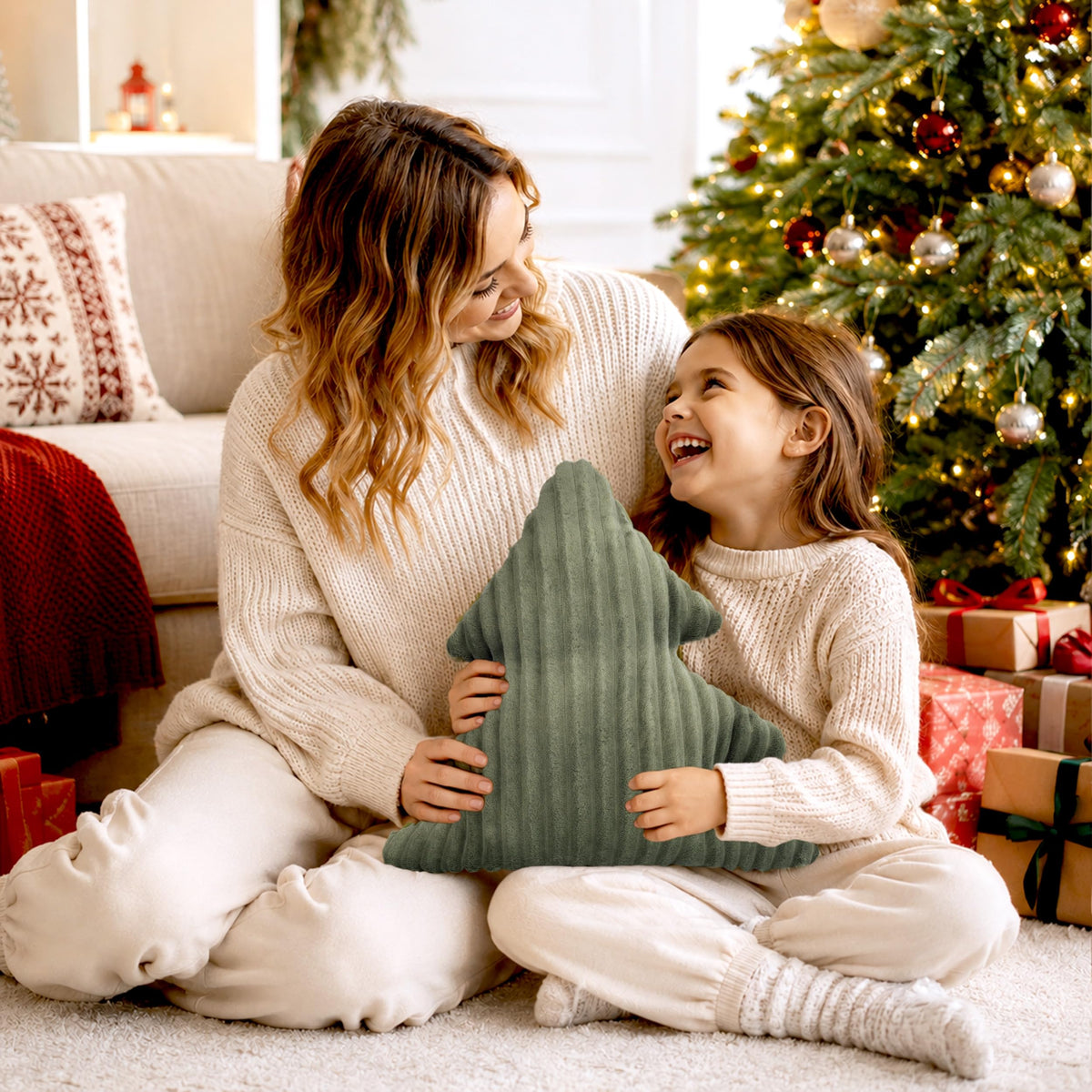 AELS Faux Fur Christmas Tree Decorative Pillow Set of 3, Forest Green Series