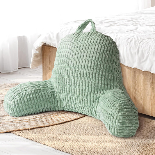 Large Reading Pillow Replacement Cover with Arms and Pockets (Cover ONLY), 18" Soft Corduroy Striped Backrest Pillow Cover Fits Standard Size Reading Pillows, Sage Green