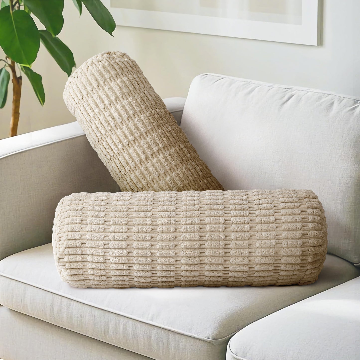 AELS Faux Fur Striped Cylinder Pillows Set of 2, 8" x 24" Decorative Modern Bolster Pillows with Removable Washable Cover & Insert, Body Pillow for Couch Bed, Living Room Bedroom Nursery Decor, White