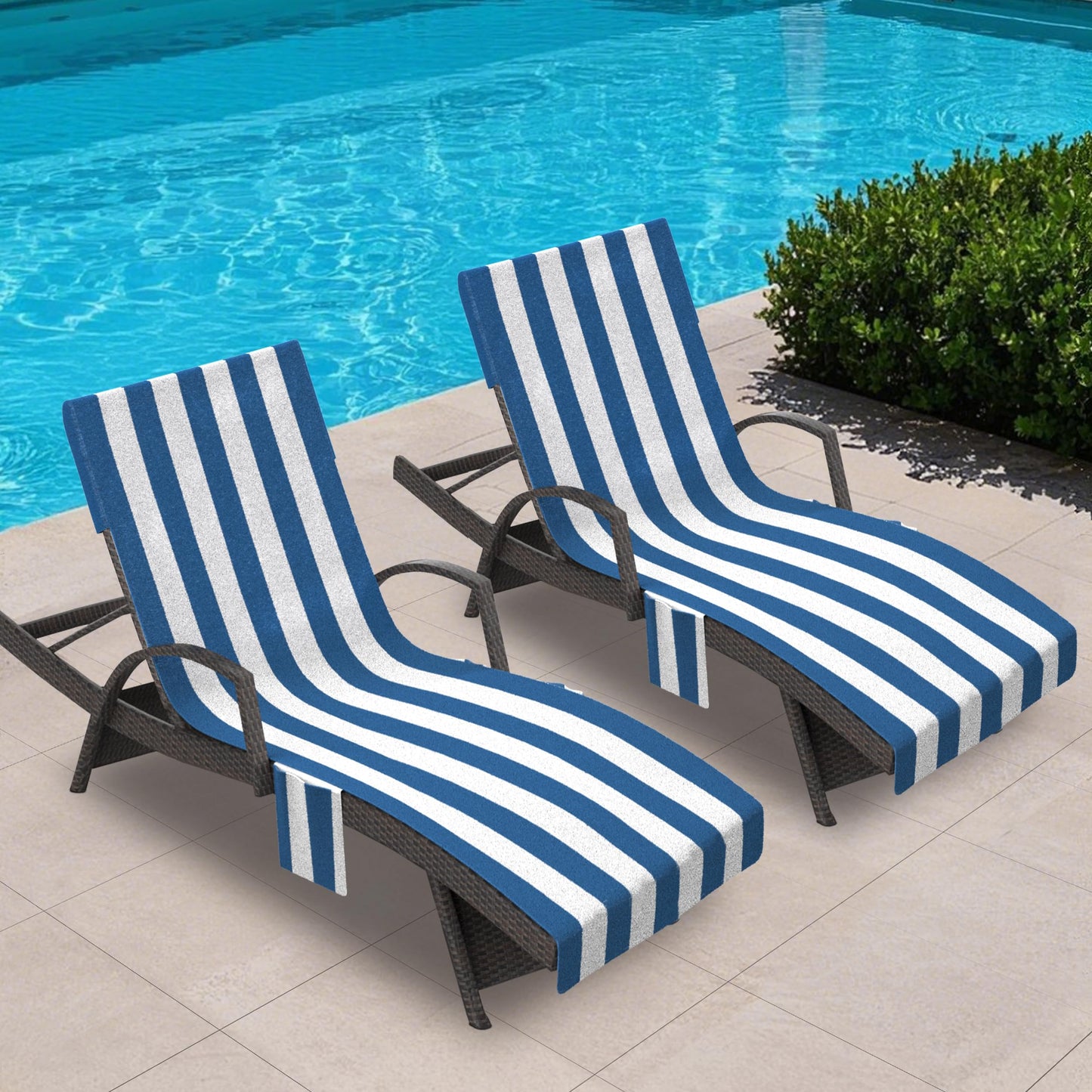 Lounge Chair Towel Cover, Pack of 2 - Microfiber Beach Towels with Pockets, Fits Outdoor Garden Beach Hotel Pool Chairs, Non-Slip & Portable Design, 85" X 30", Ombre Blue Stripes