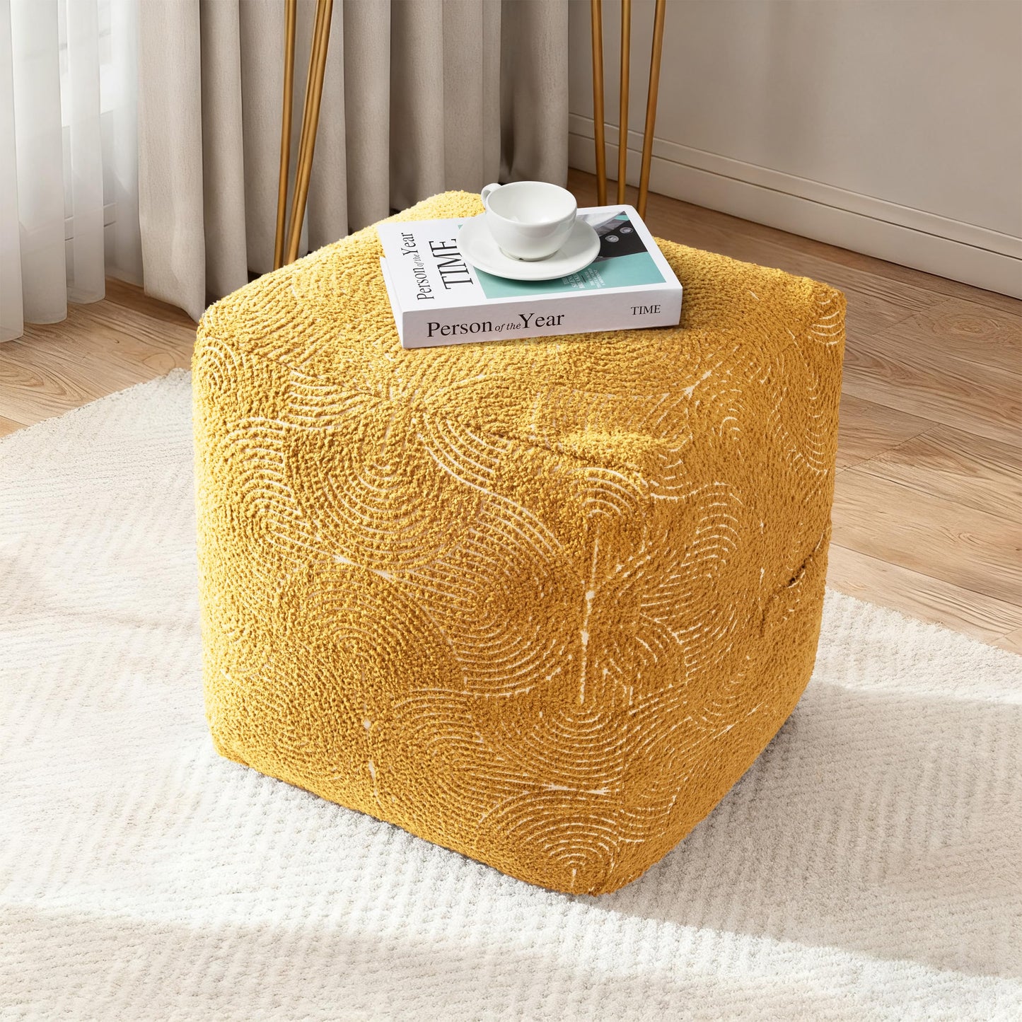 Unstuffed Boho Textured Pouf Cover, Organic Modern Mid Century Rainbow Tufted Storage Bean Bag Cubes, Farmhouse Square Ottoman Pouf Foot Rest Footstool, 18"x18"x18", Cover ONLY, Burnt Orange