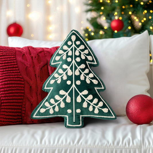 AELS 18.5" Embroidered Merry Christmas Tree Decorative Throw Pillow, Holiday Throw Pillows for Christmas Decor, Plush Tree Shaped Decorative Pillows for Living Room Bedroom Sofa, Green