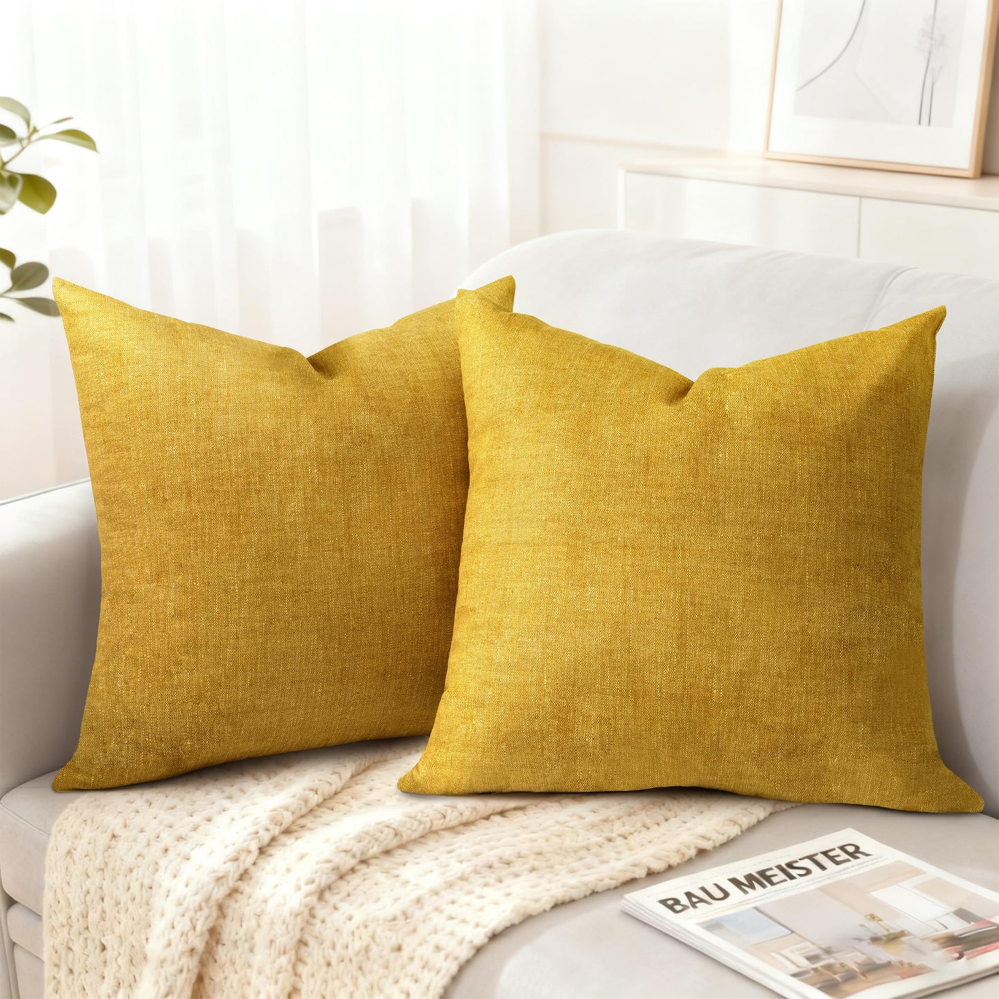 AELS Decorative Throw Pillow Covers 16x16, Set of 2, Soft Textured Look Printed Pillow Case, Modern Farmhouse Cushion Case for Bed Couch Sofa, Mustard Yellow (Covers Only)