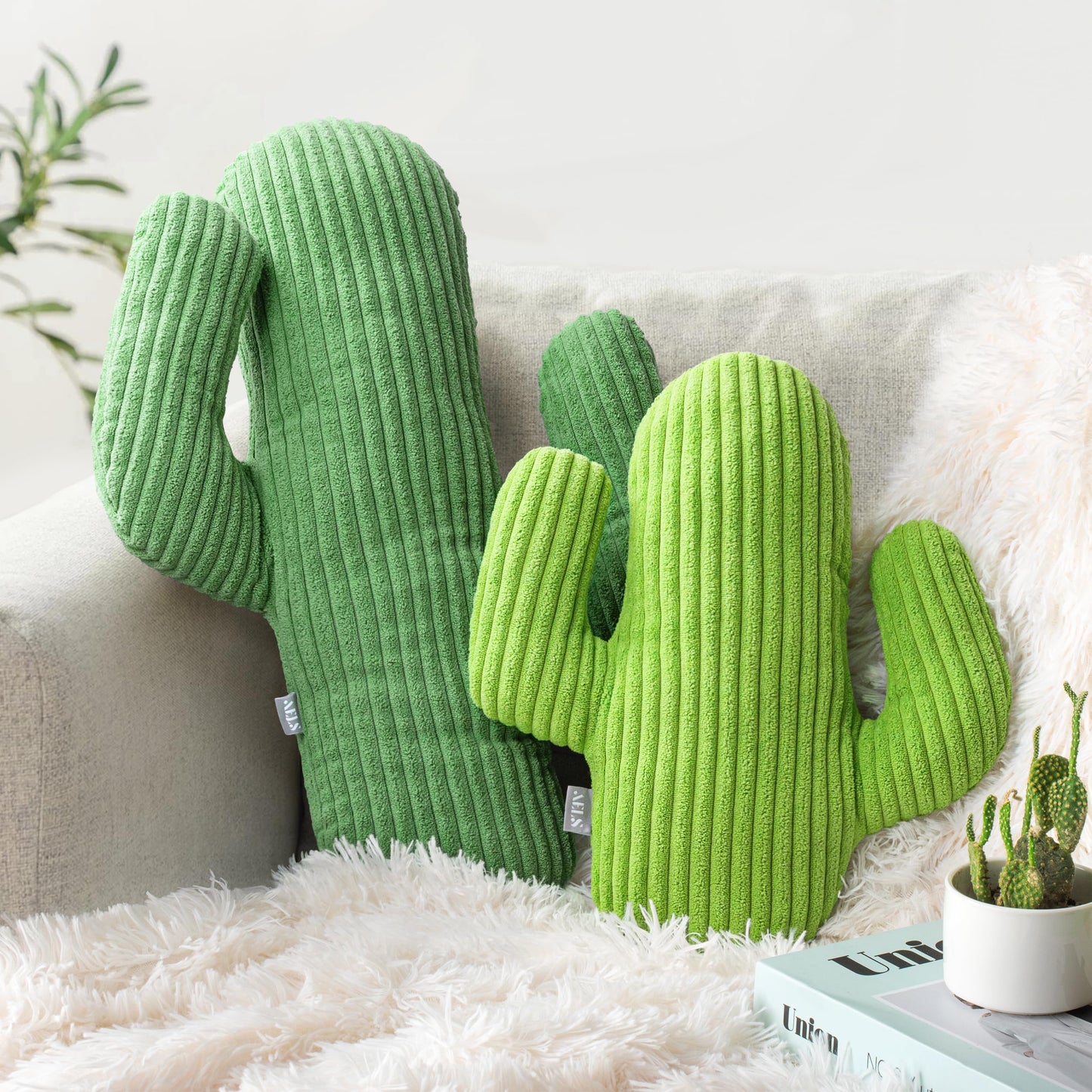 AELS Set of 2 Cactus Decorative Throw Pillows, 22"& 14" Cactus Plush Pillow Set, 3D Office Nap Pillow, Cute Succulent Throw Pillow for Nursery Bedroom Room Decor, Blue Green & Sage Green