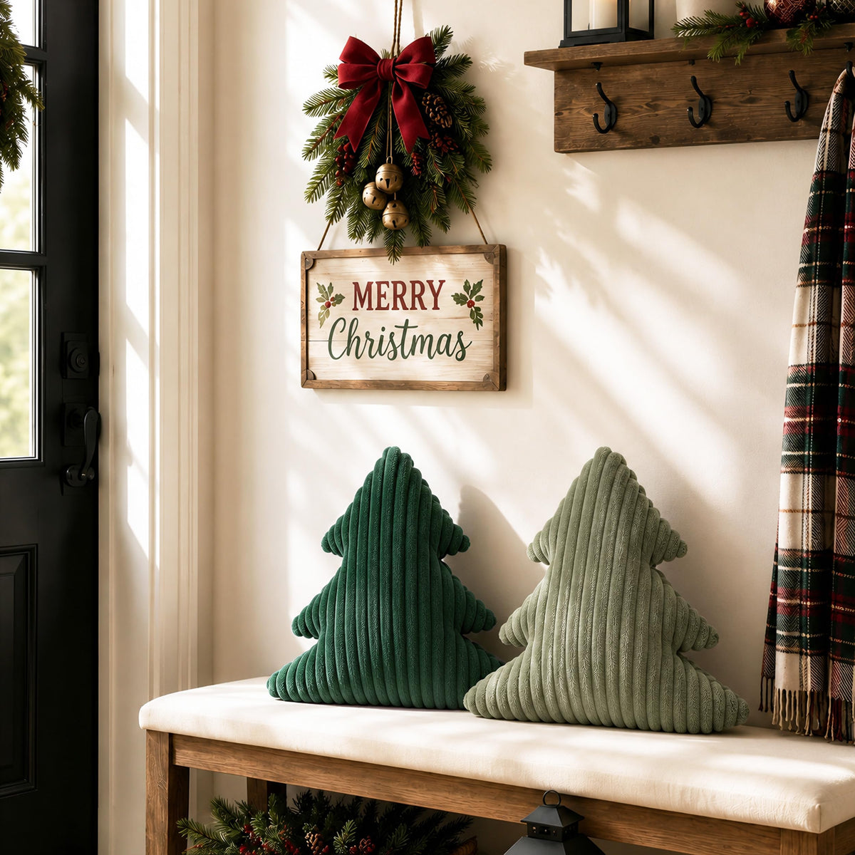 AELS Faux Fur Christmas Tree Decorative Pillow Set of 3, Forest Green Series