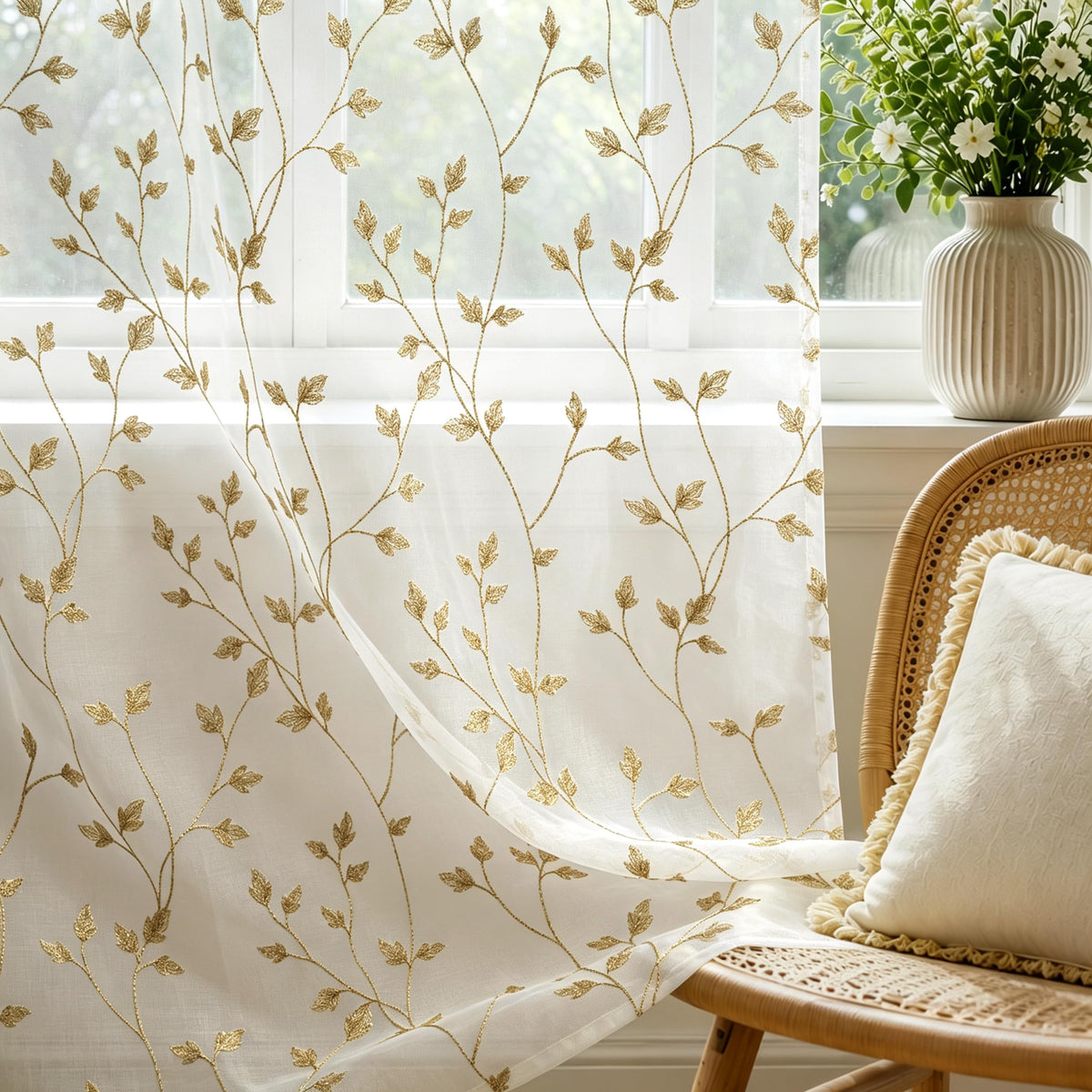 AELS Embroidered Sheer Curtains 84 Inches Long 2 Panels Set, Green Leaf