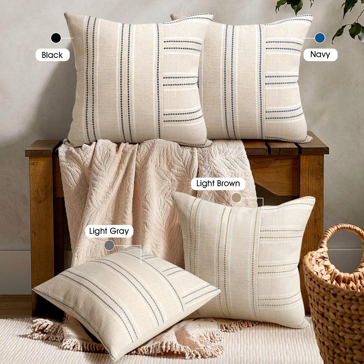 AELS 12x20 Decorative Farmhouse Linen Throw Pillow Covers, Boho Rectangle Lumbar Pillow Case, Set of 2, Beige with White & Gray Stripe Patchwork Cushion Cover for Sofa Couch Living Room (Cover ONLY)