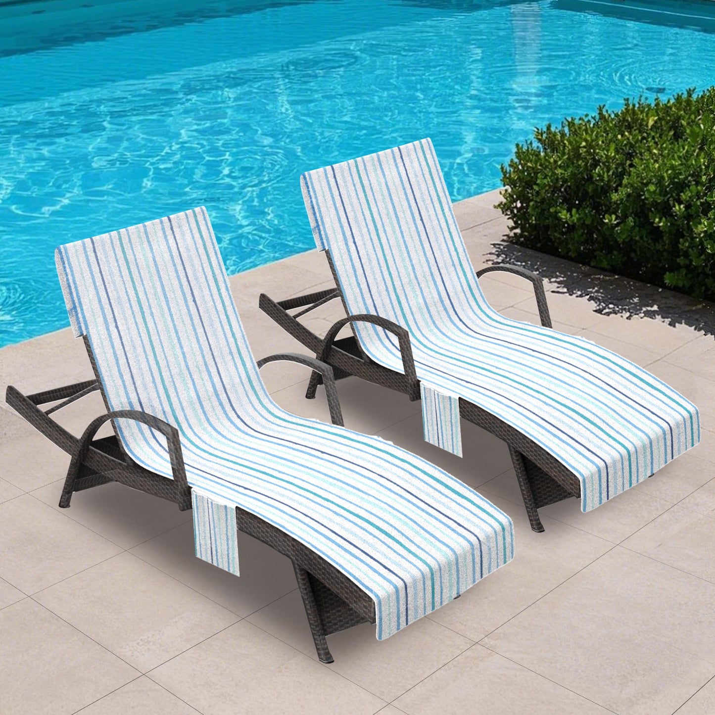 Lounge Chair Towel Cover, Pack of 2 - Microfiber Beach Towels with Pockets, Fits Outdoor Garden Beach Hotel Pool Chairs, Non-Slip & Portable Design, 85" X 30", Ombre Blue Stripes