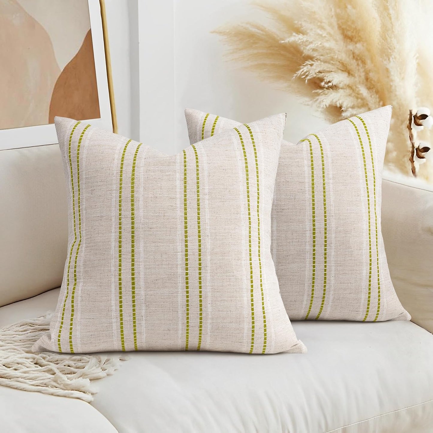 AELS 12x20 Decorative Farmhouse Linen Blend Throw Pillow Covers, Boho Textured Pillow Case, Set of 2, Beige with White & Brown Stitch Yarn Dyed Stripe Cushion Cover for Sofa Living Room (Cover ONLY)