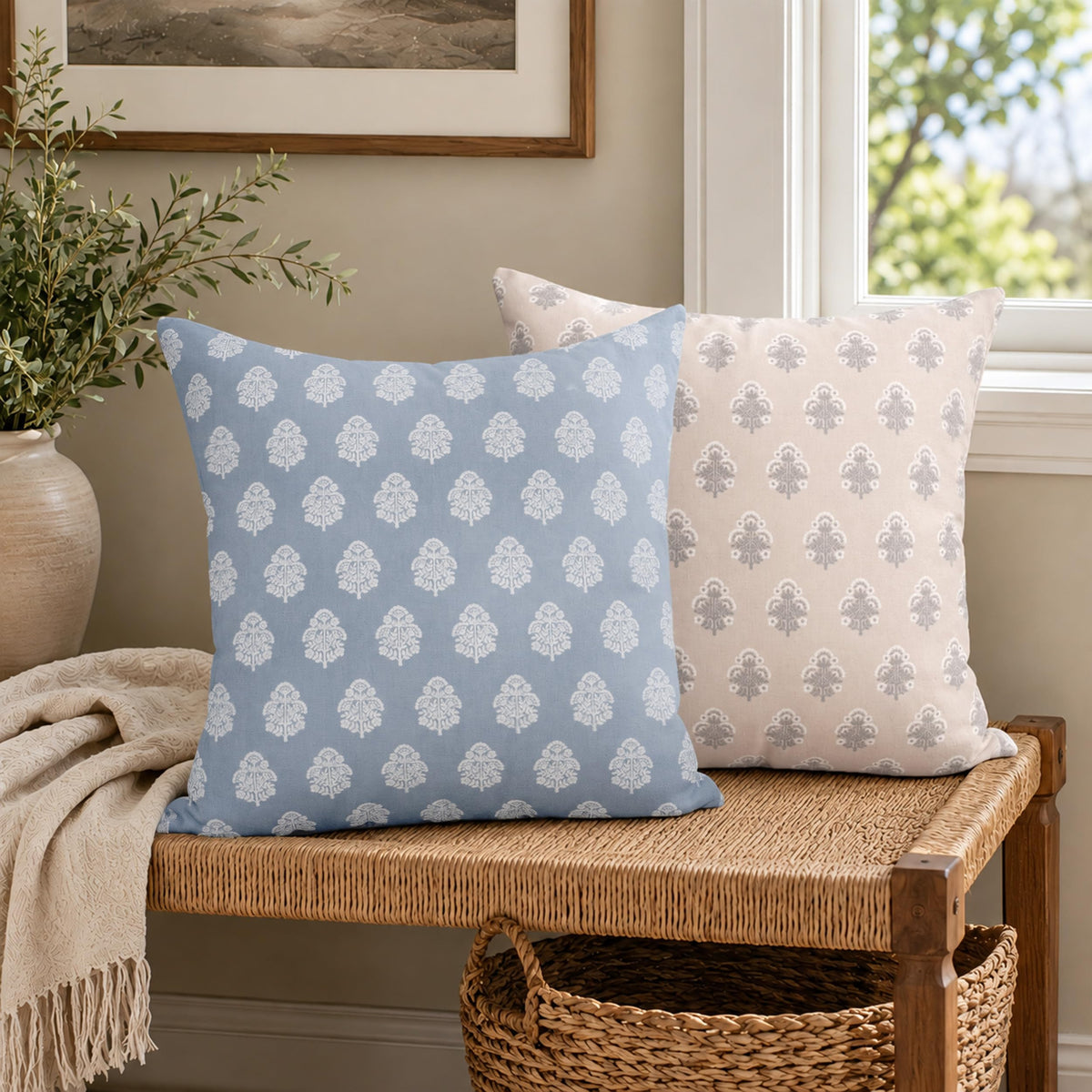 AELS 18x18 Decorative Farmhouse Throw Pillow Covers, Boho Floral Block Print Pillow Covers, Set of 2, Slate Blue Botanical Cushion Covers for Sofa Couch Bed Living Room Bedroom, Cover Only