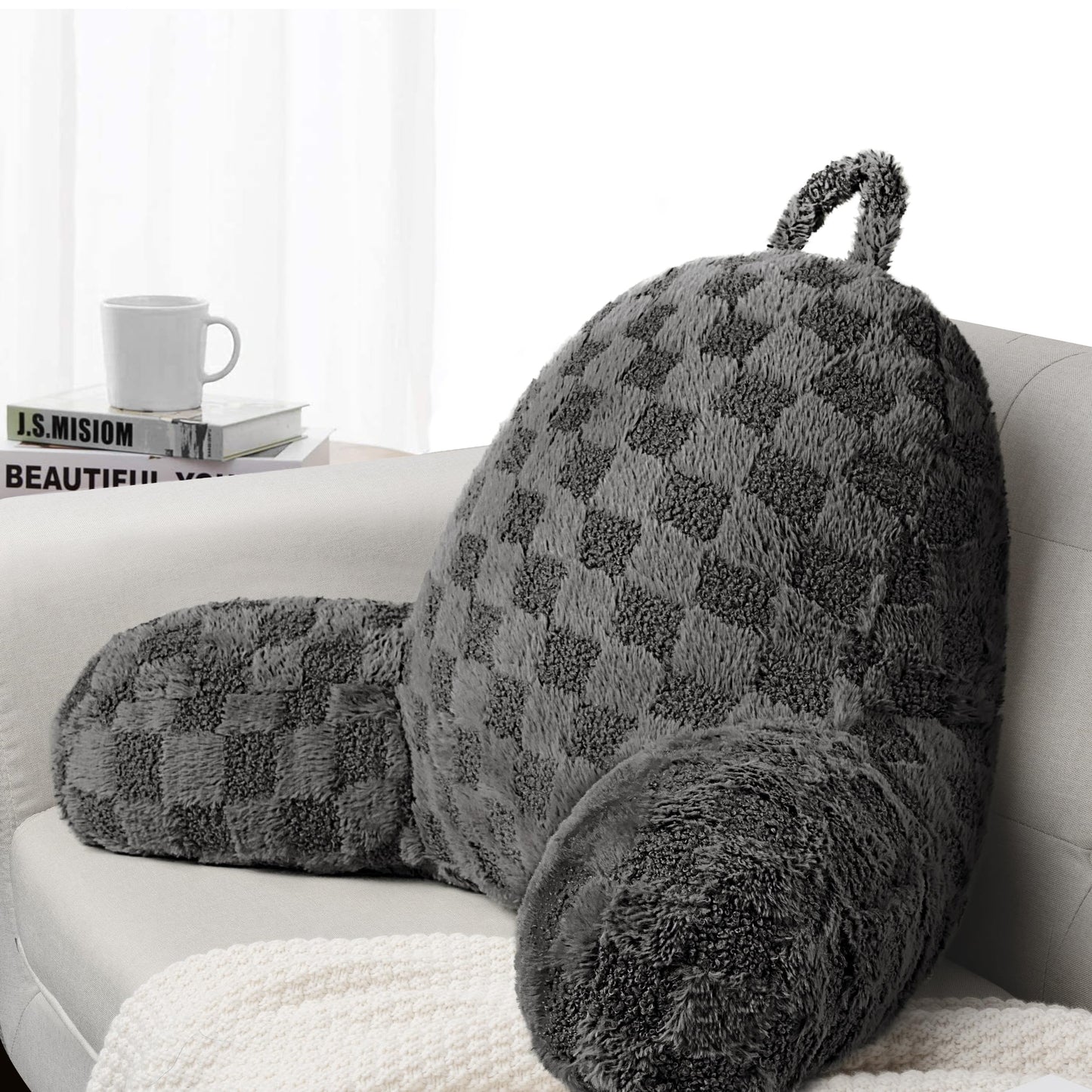 Large Reading Pillow Replacement Cover with Arms and Pockets (Cover ONLY), 18" Soft Faux Fur Checkered Backrest Pillow Cover Fits Standard Size Reading Pillows, Beige