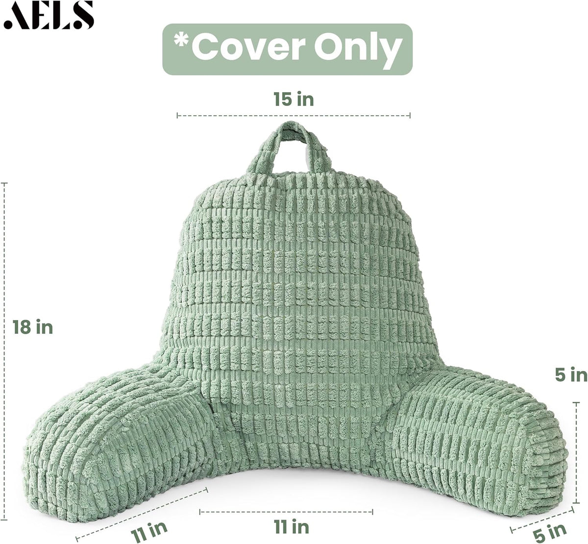Large Reading Pillow Replacement Cover with Arms and Pockets (Cover ONLY), 18" Soft Corduroy Striped Backrest Pillow Cover Fits Standard Size Reading Pillows, Sage Green