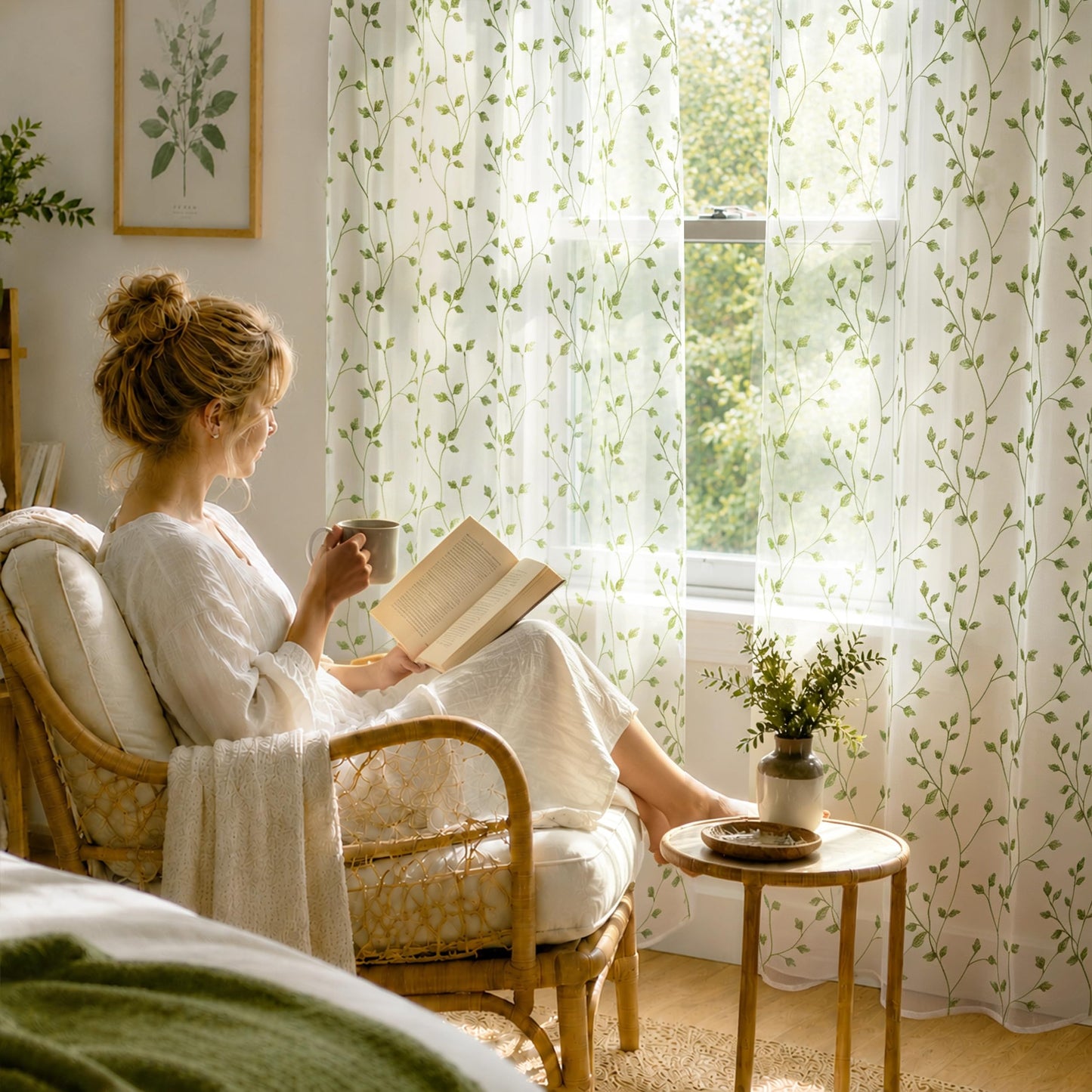 Semi White Sheer Curtains 84 Inches Long 2 Panels Set, White Stem | Embroidered Leaf Patterned Voile Window Treatments for Living Room Bedroom, Airy Light Filtering Grommet Curtains 52"W x 84"L