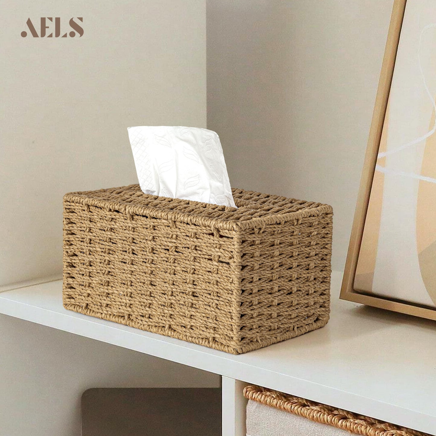 Farmhouse Tissue Box Cover Square, Hand Woven Strawpaper Facial Tissue Paper Holder, Cute Tissue Box Holder Square, Boho Bathroom Decor Box for Tissues Cube Box w/Elastic Bottom, Beige
