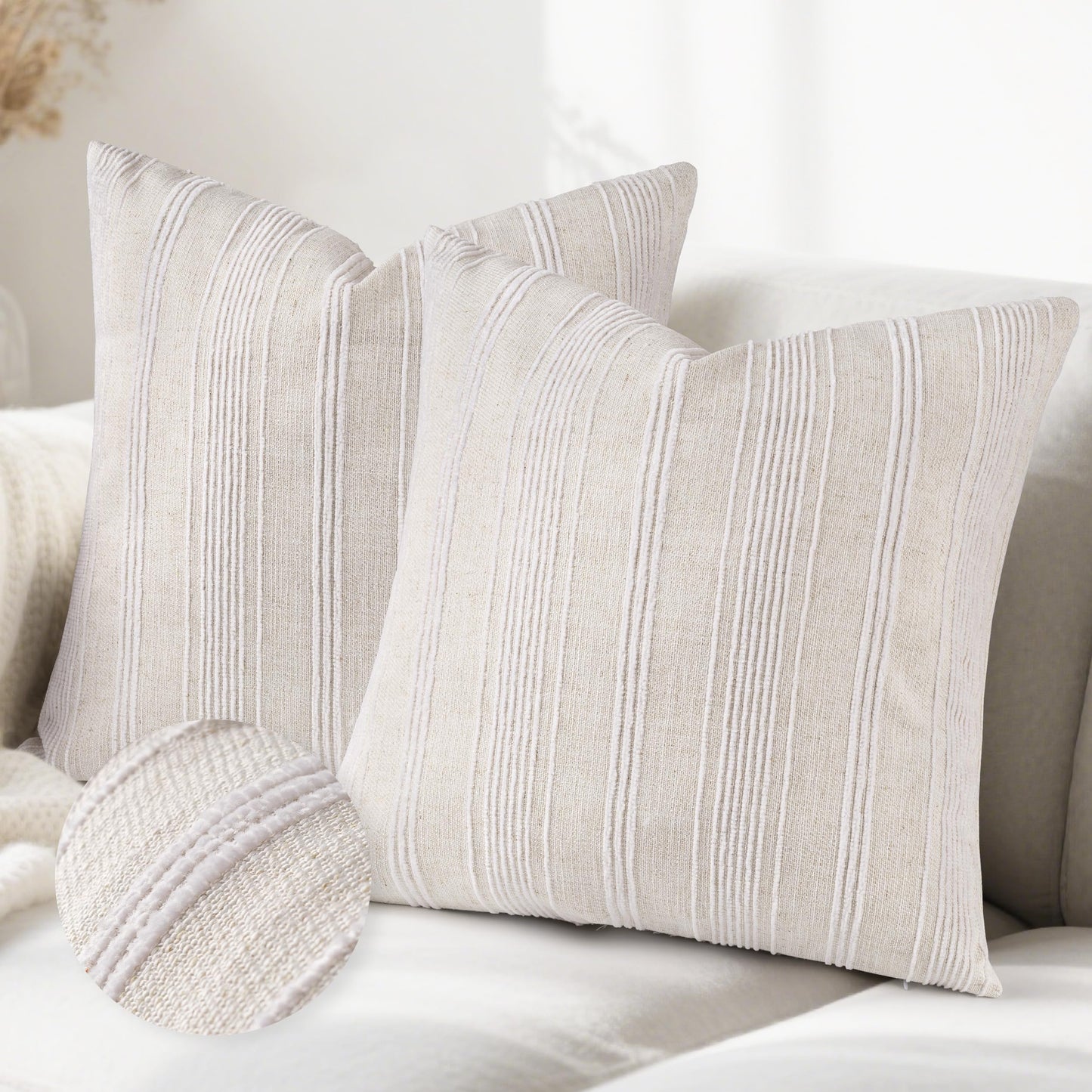 AELS 12x20 Decorative Farmhouse Linen Lumbar Pillow Covers, Beige with Olive Green Chenille Striped Pillow Case, Set of 2, Boho Textured Cushion Cover for Sofa Couch Living Room (Cover ONLY)