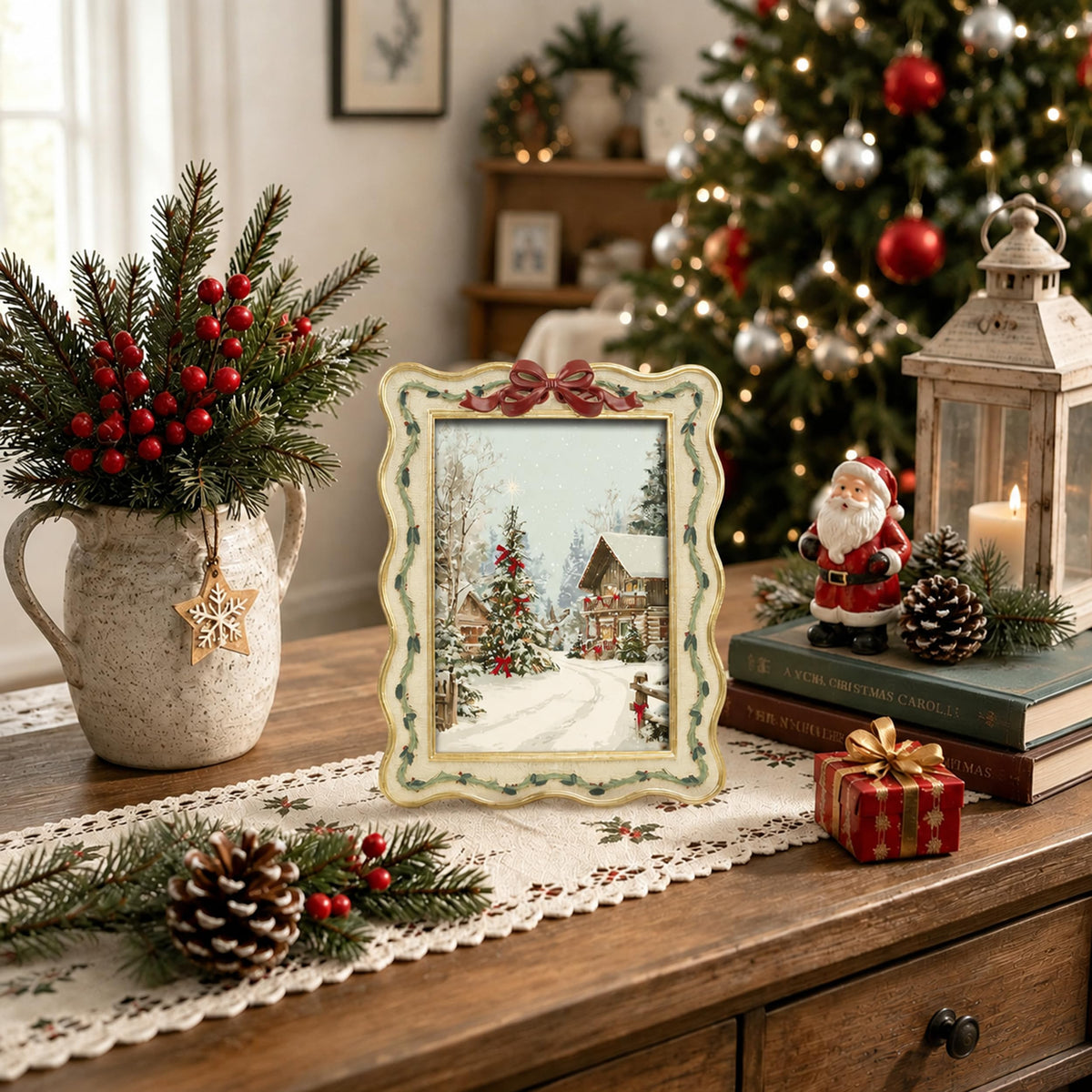 AELS 4x6 Inch Vintage Christmas Tree Picture Frames White Gold Bow