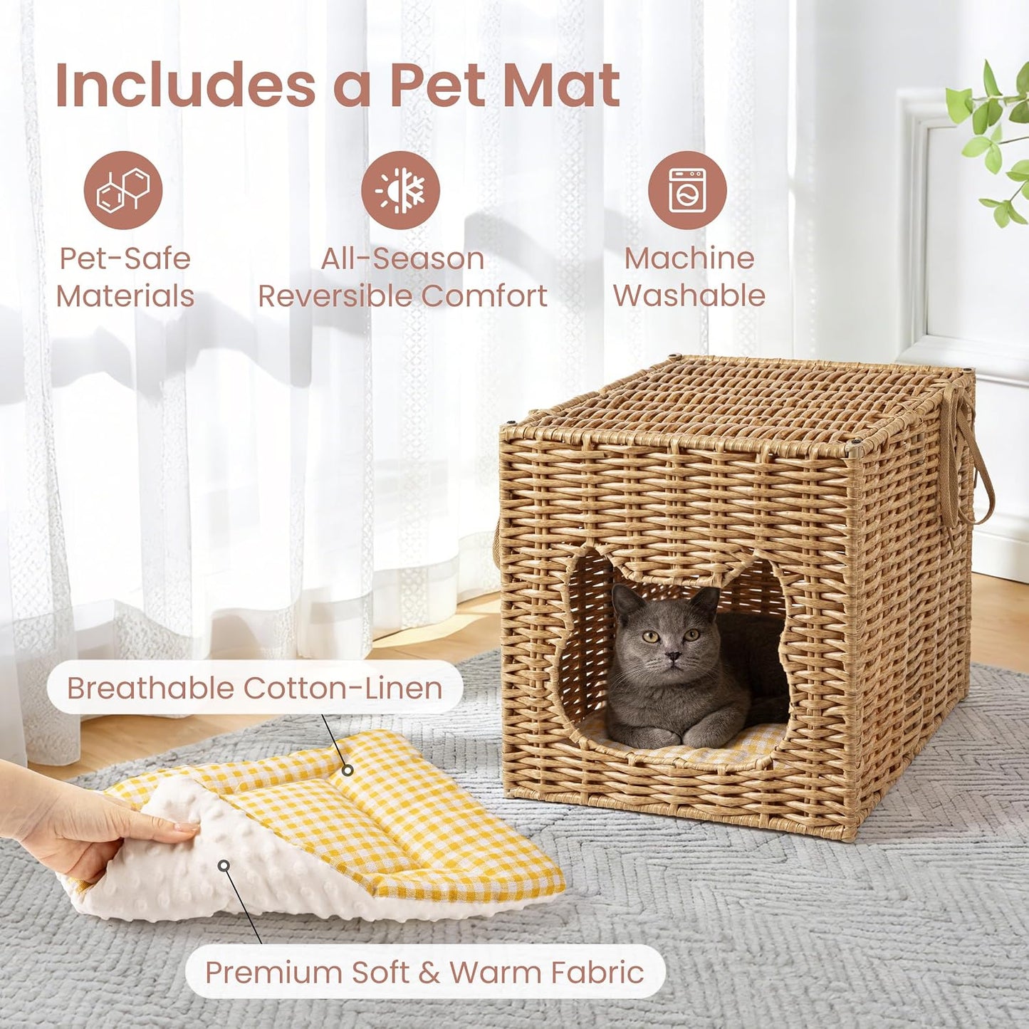 Handwoven Small Cat Bed Cave for IKEA Kallax Shelf, 13"x13"x15" Rattan Cat House for Indoor Cats Kittens and Small Pets with Removable Double-Sided Soft Cushion Pad, Pet Cube Hideaway Bed Natural