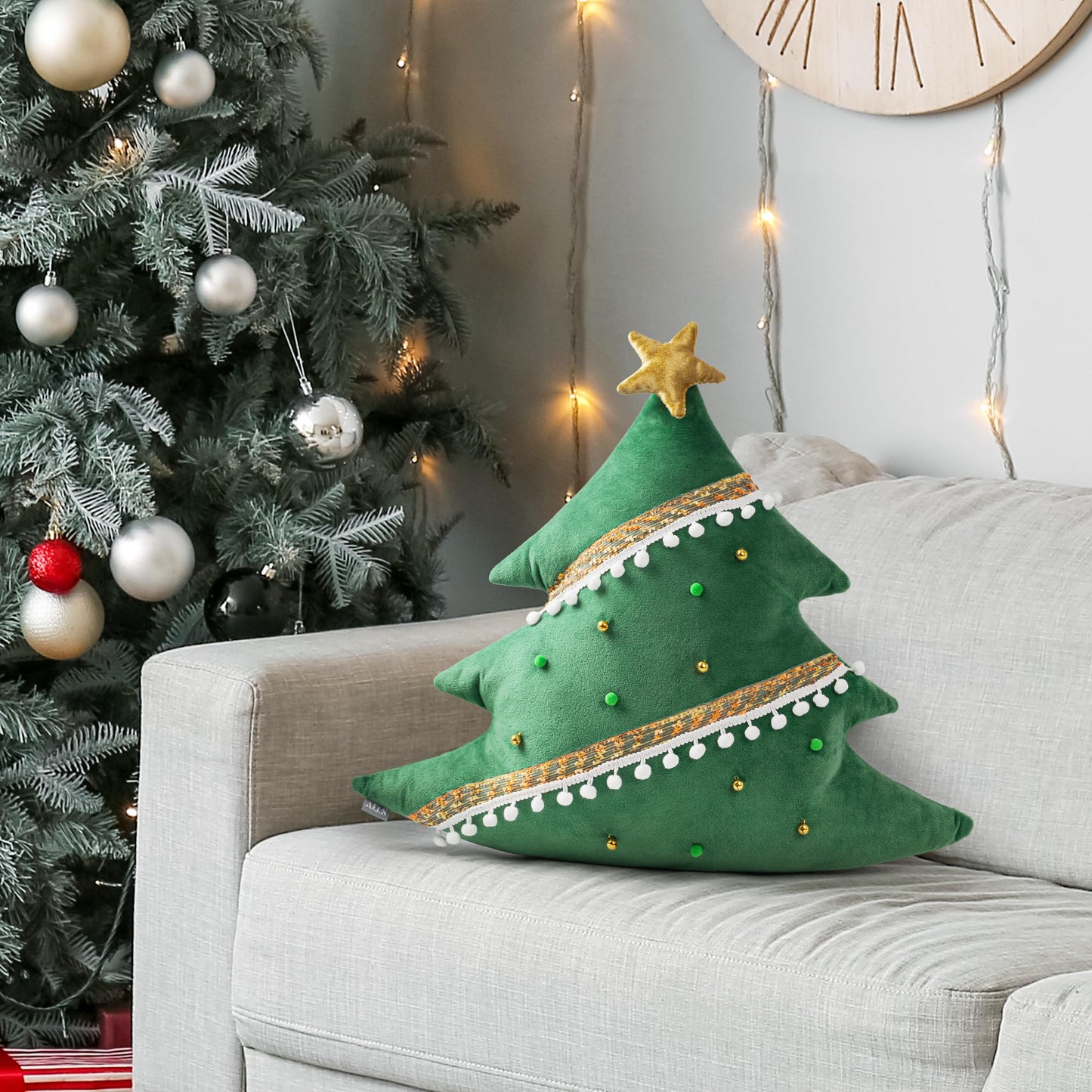 AELS Christmas Tree Decorative Throw Pillow with Golden Bell and Pompom, 20 Inch Holiday Throw Pillows for Christmas Decor, Plush Tree Shaped Decorative Pillows for Living Room Bedroom Sofa