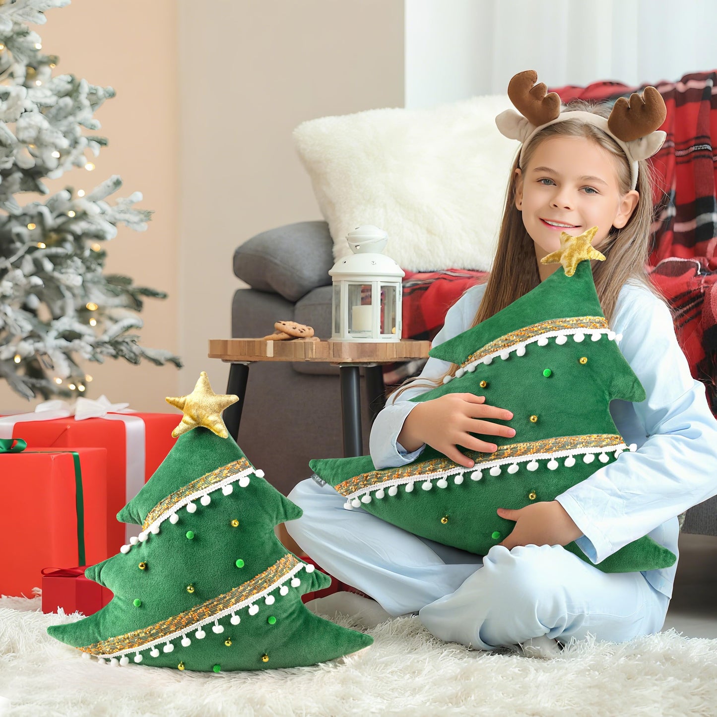 AELS Christmas Tree Decorative Throw Pillow with Golden Bell and Pompom, 20 Inch Holiday Throw Pillows for Christmas Decor, Plush Tree Shaped Decorative Pillows for Living Room Bedroom Sofa