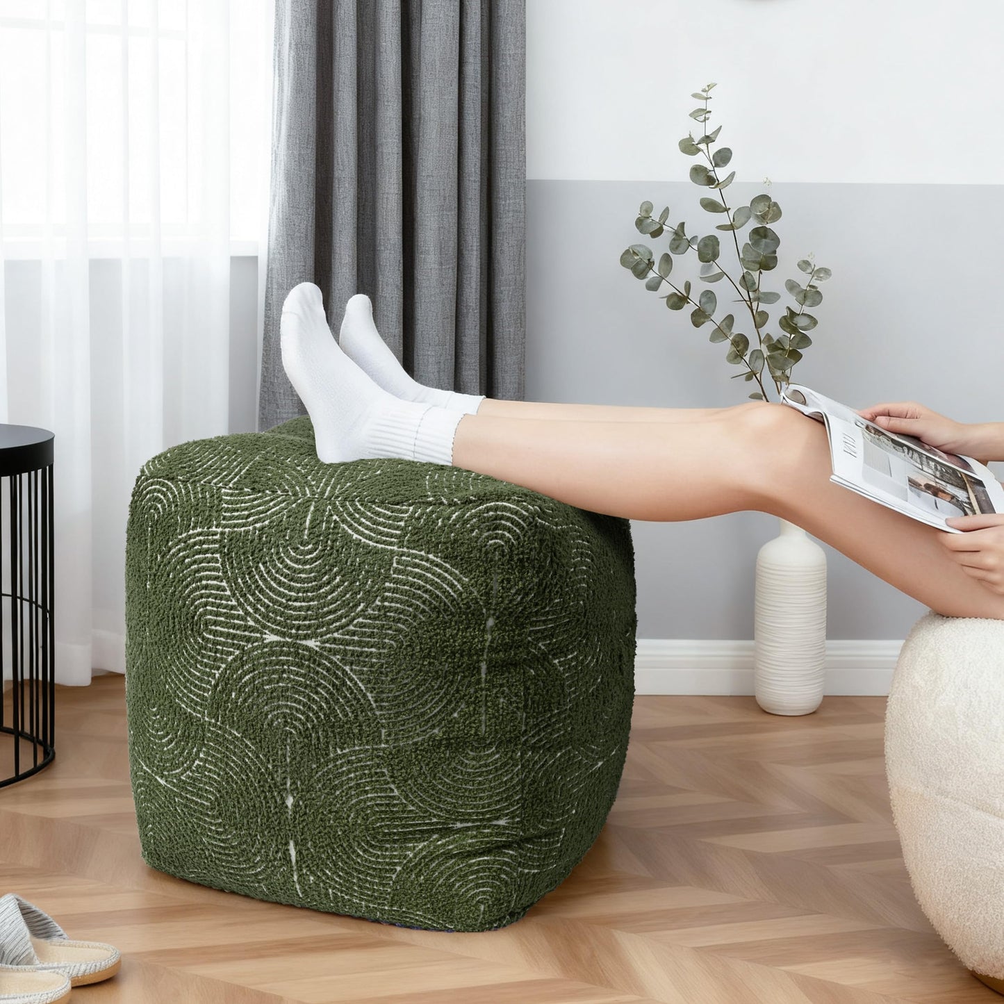 AELS Unstuffed Boho Textured Pouf Cover, Organic Modern Mid Century Rainbow Tufted Storage Bean Bag Cubes, Farmhouse Square Ottoman Pouf Foot Rest Footstool, 18"x18"x18", Cover ONLY, Burnt Orange