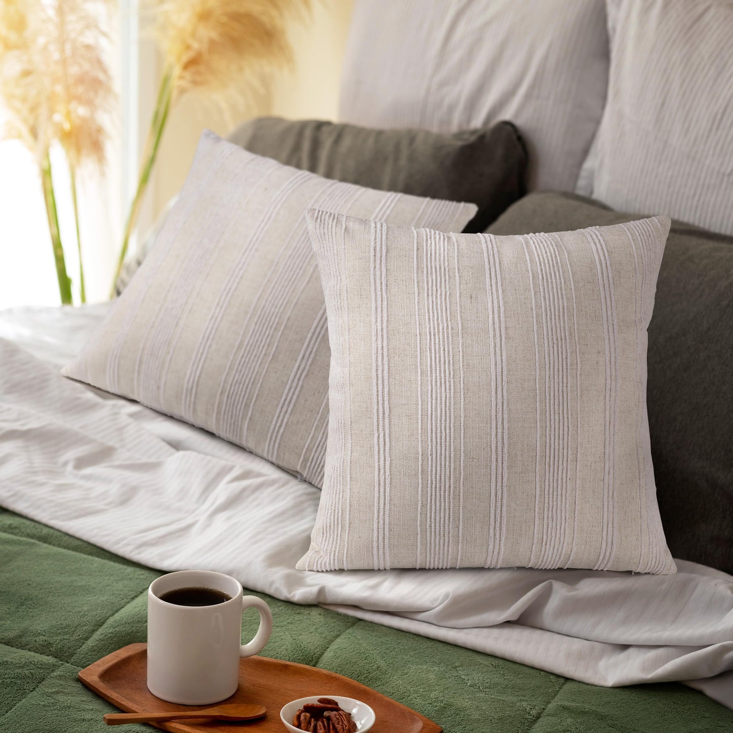 AELS 12x20 Decorative Farmhouse Linen Lumbar Pillow Covers, Beige with Olive Green Chenille Striped Pillow Case, Set of 2, Boho Textured Cushion Cover for Sofa Couch Living Room (Cover ONLY)