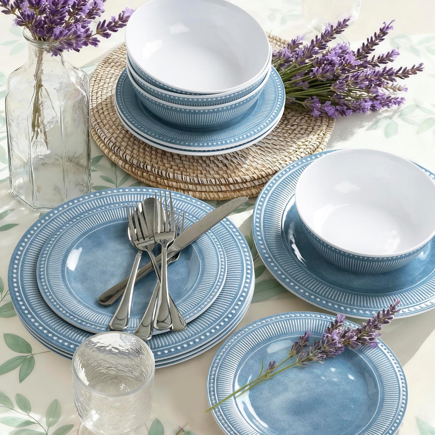 Melamine Dinnerware Set of 12 Pcs, Dinner Dishes Set for Indoor and Outdoor Use, Melamine Plates and Bowls Set for 4, Dishwasher Safe, Lightweight Unbreakable, BPA Free, Blue