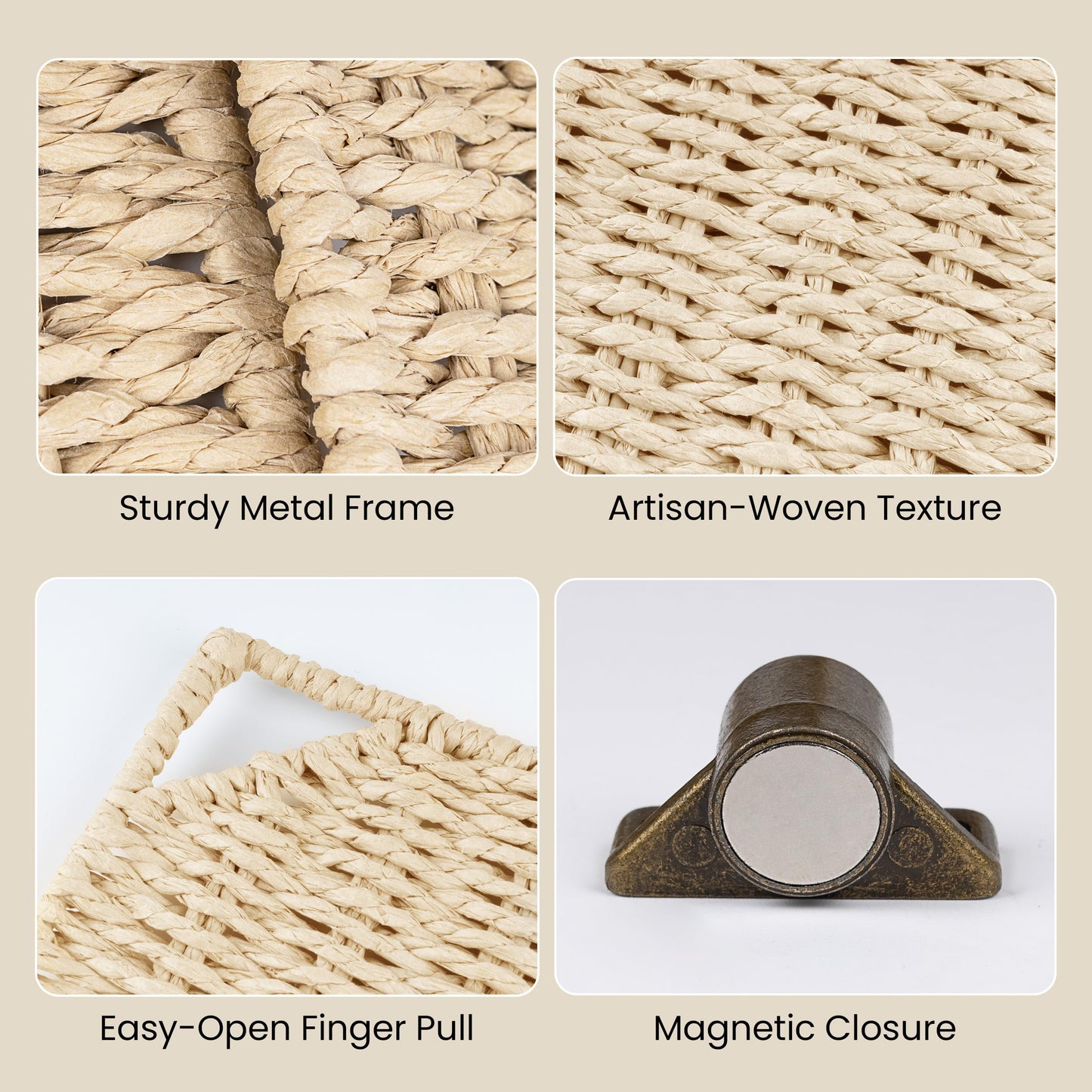 11" Handwoven Natural Fibre Doors for Cube Storage Shelf, Set of 3, Boho Straw Shelf Cover for Small Bookcase & Open Bookshelf, Rustic Farmhouse Home Decor, Beige (Door ONLY)