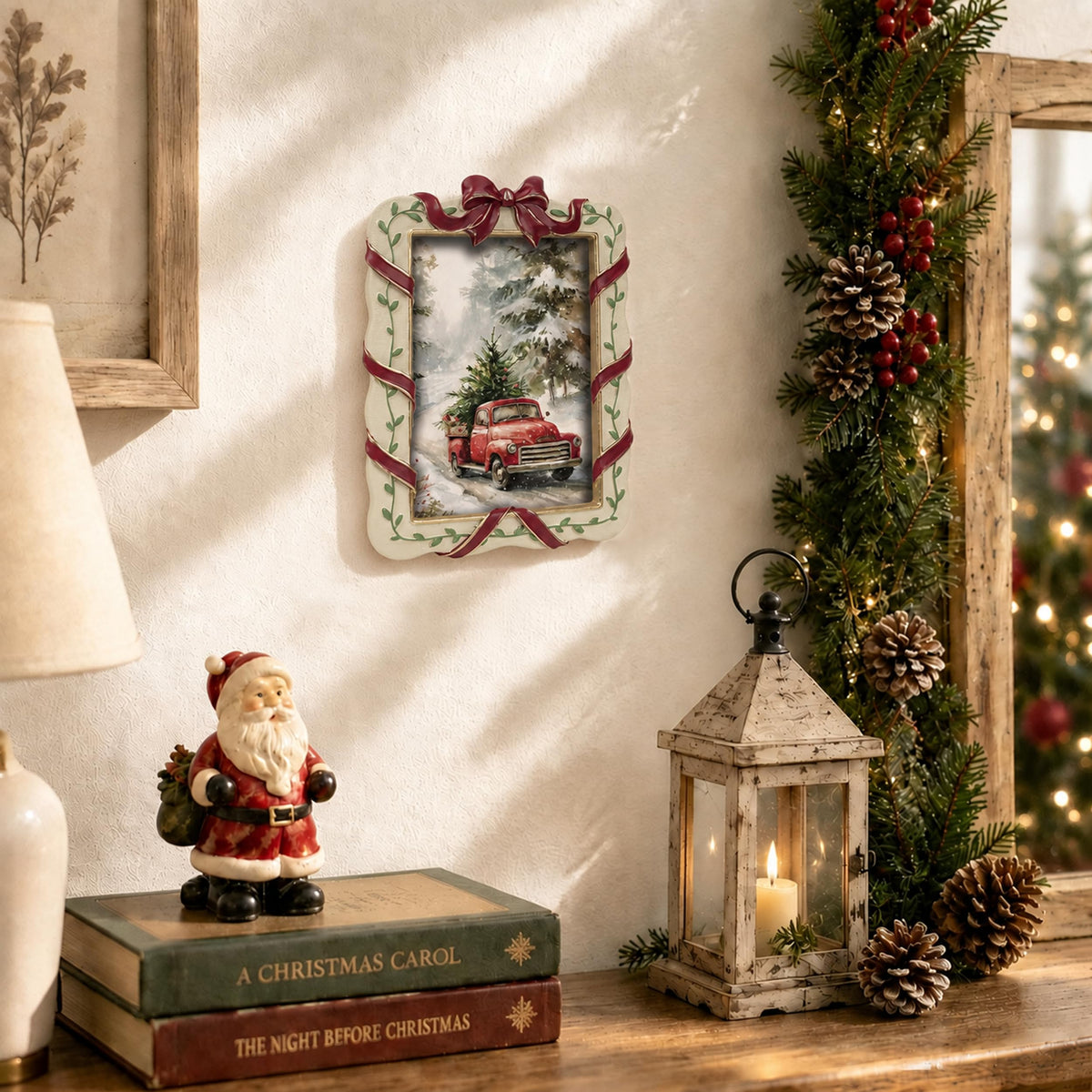 AELS 4x6 Inch Vintage Christmas Tree Picture Frames White Gold Bow